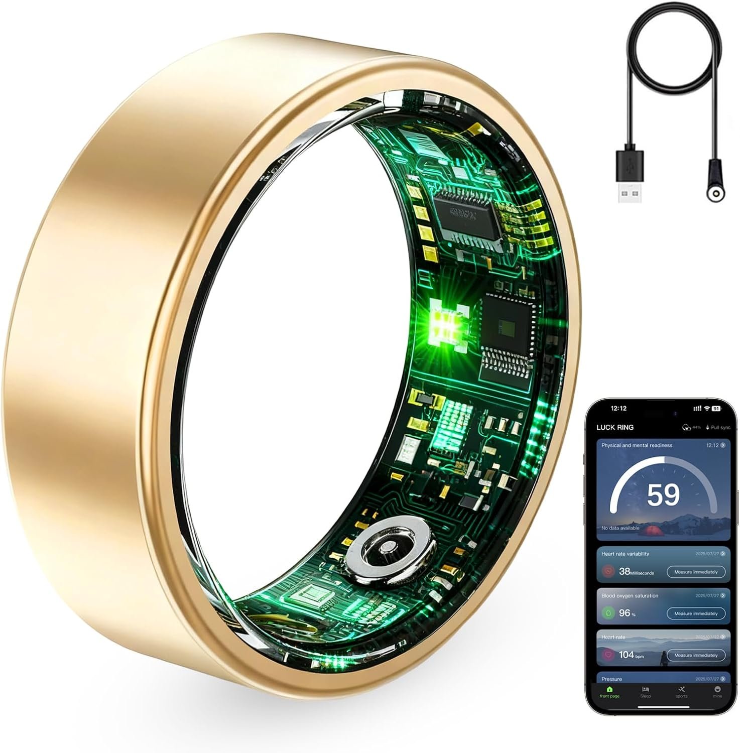 Smart Ring for Women & Men, Fitness Tracker Ring with Heart Rate Monitor, HRV, Sleep Tracking, No Subscription Fee, 10ATM Waterproof Activity Ring for Android & iPhone (Gold, #8)