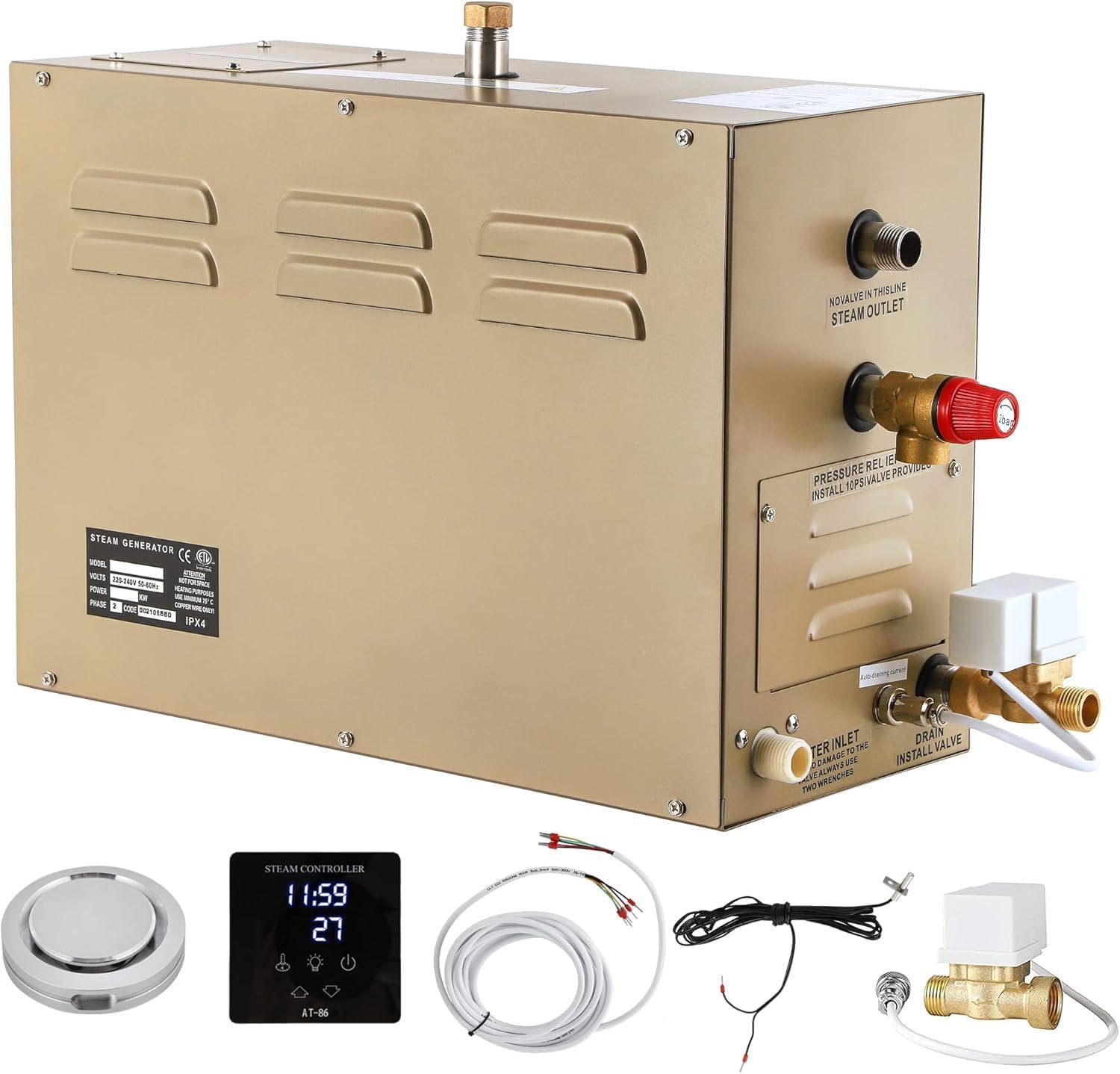 CGOLDENWALL 9KW Commercial Self-Draining Steam Generator Shower System Home Steam Bath Spa Generator 30 min to 12 Hours with Auto Drain 95-131℉ for Suitable Space Heating 9 m³/318 Cubic feet (9KW)