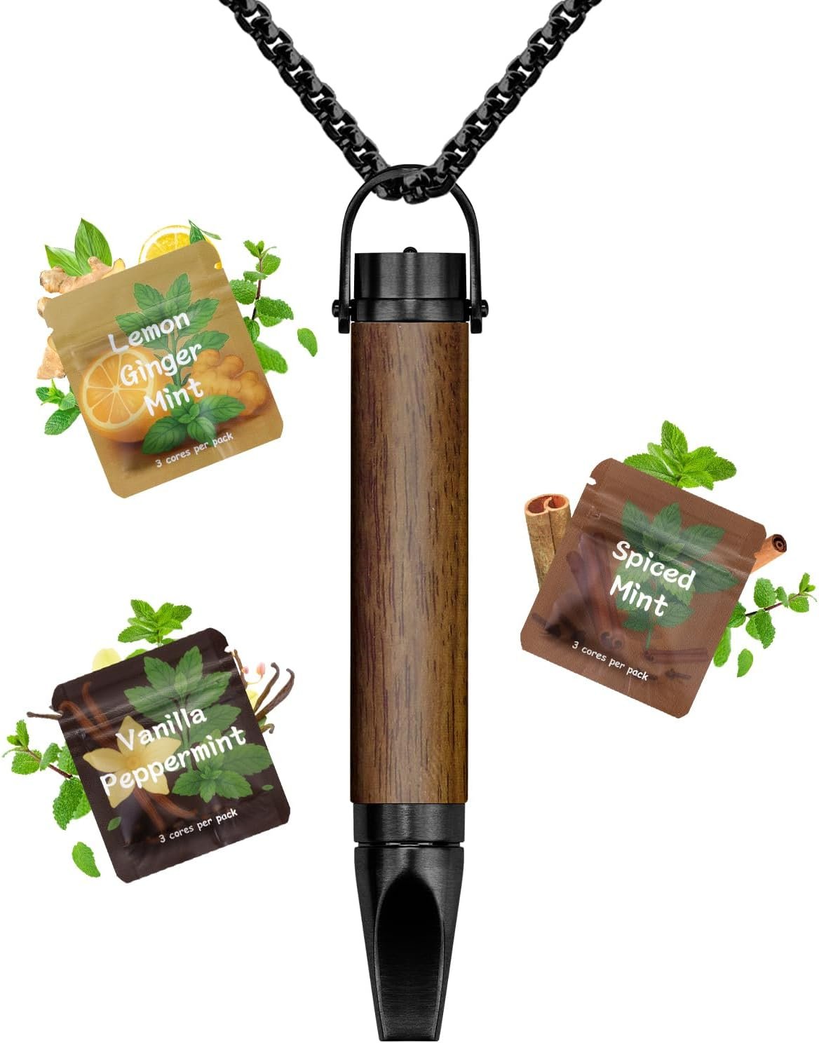Flavored Air Anxiety Breathing Necklace, Calm Down Stress Relief Breathing Device for Meditation, Flat-mouthed Wooden Jewelry Gift for Women Men