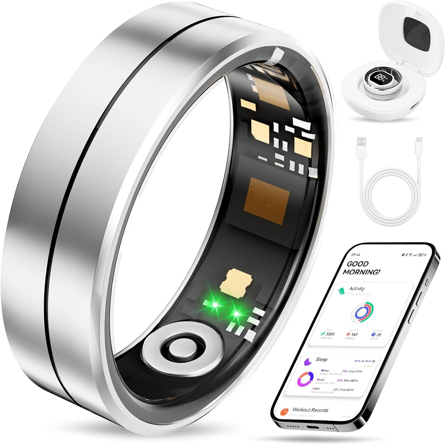Fvtga Smart Ring for Women Men, Health Tracker with Digital Charging Case, 24/7 Heart Rate SpO2 Sleep Stress Monitoring, IP68 Waterproof Fitness Ring, No Subscription Fee, iOS Android(Silver, 11)