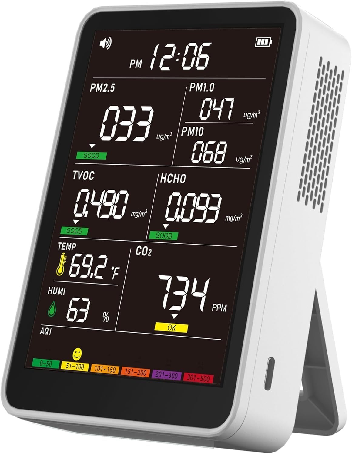 Professional Indoor Air Quality Monitor with AQI Alerts, Portable Real-Time Detector for Home, Car, Plants & Pets