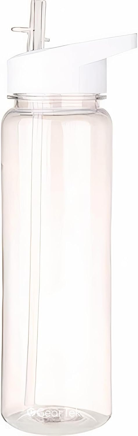 Tritan Clear Water Bottle With Straw | No Markings BPA Free 24 oz Sports Water Bottle | Leak Proof Re-Usable Flip Top Plastic Drinks Bottles for School, Office, Gym, Cycling (Clear-Straw-24oz)
