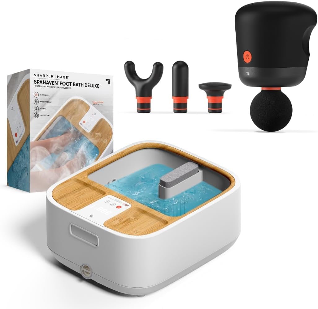 Sharper Image® Ultimate Relaxation Spa Bundle – Spahaven Deluxe Heated Foot Bath & Powerboost Palm Percussion Massager for Stress Relief and Muscle Recovery