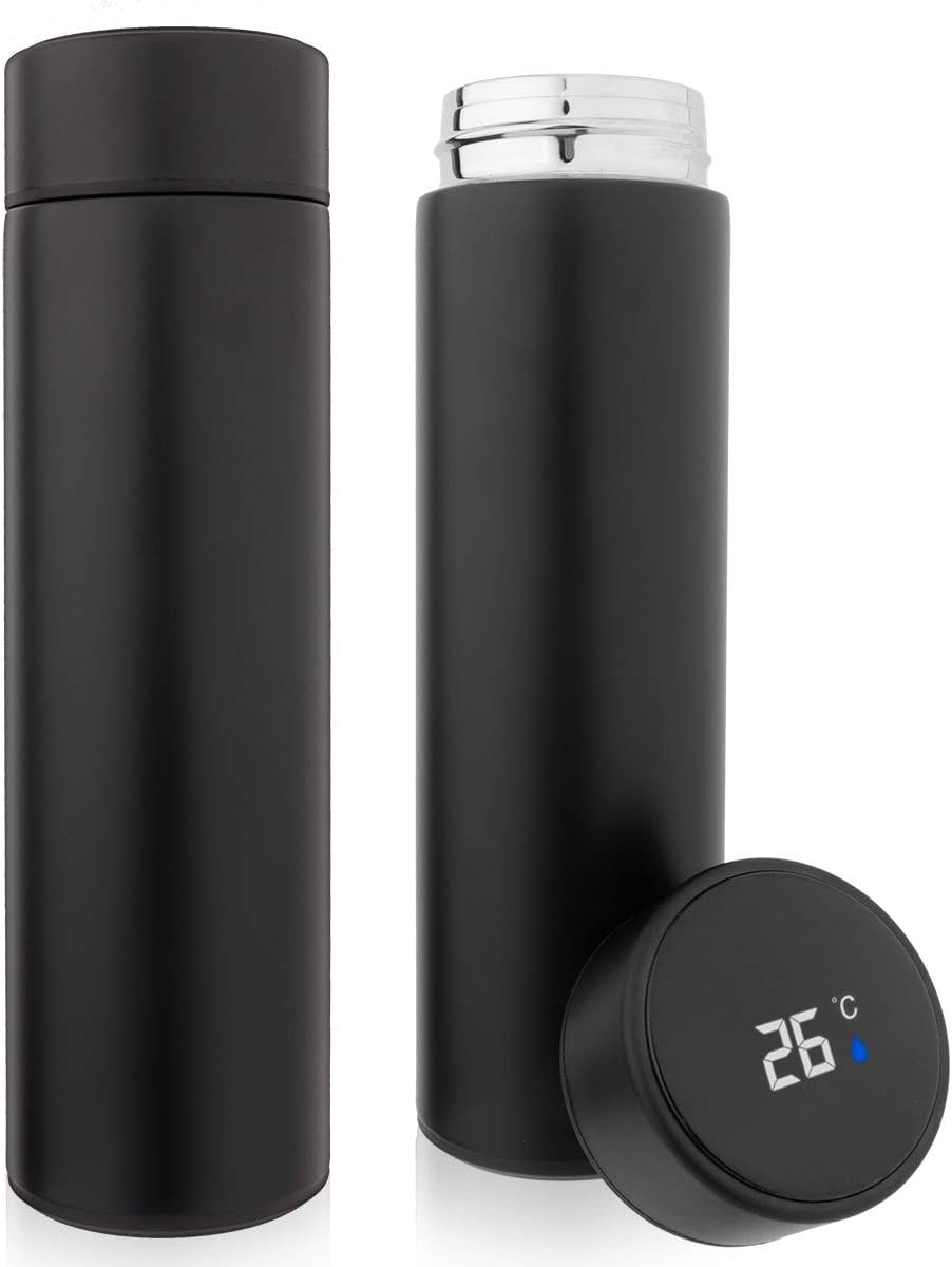 QiCheng&LYS Coffee Cup,Tea Infuser Bottle,Smart Sports Water Bottle with LED Temperature Display,17 OZ Vacuum-Insulated Stainless-Steel Water Bottle (Black)