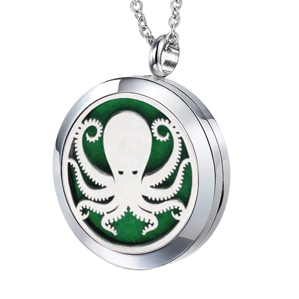 Essential Oil Diffuser Necklace Stainless Steel Aromatherapy Octopus Animal Locket Pendant with 24″ Chain & 8 Pads – Birthday Christmas Perfume Jewelry Gift for Women Men