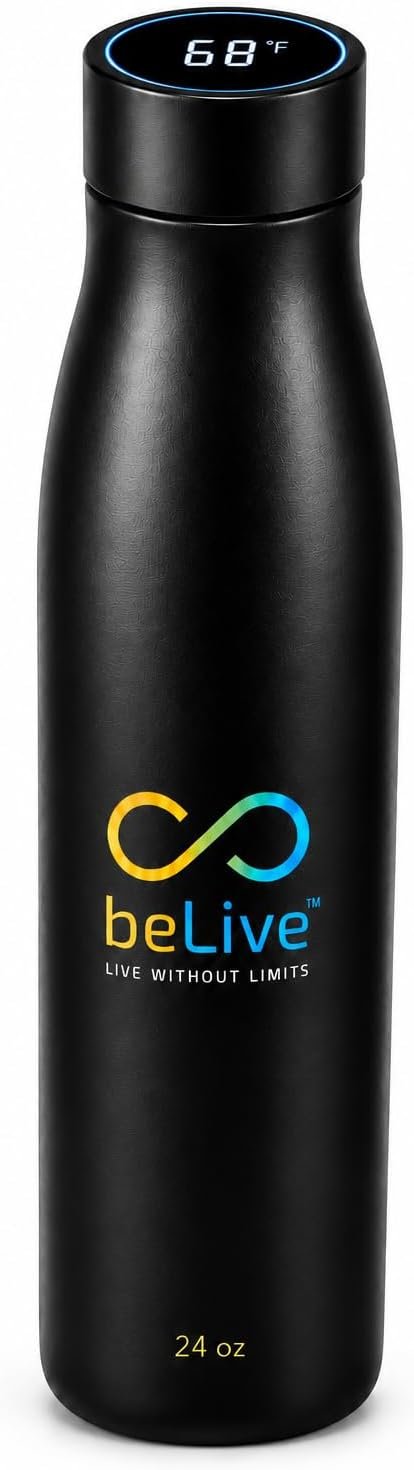 BeLive Smart Water Bottle 24oz – UV-C Self Cleaning, Temperature Display (°C/°F), Hydration Reminder, USB-C Rechargeable, Insulated Stainless Steel Bottle (Black)