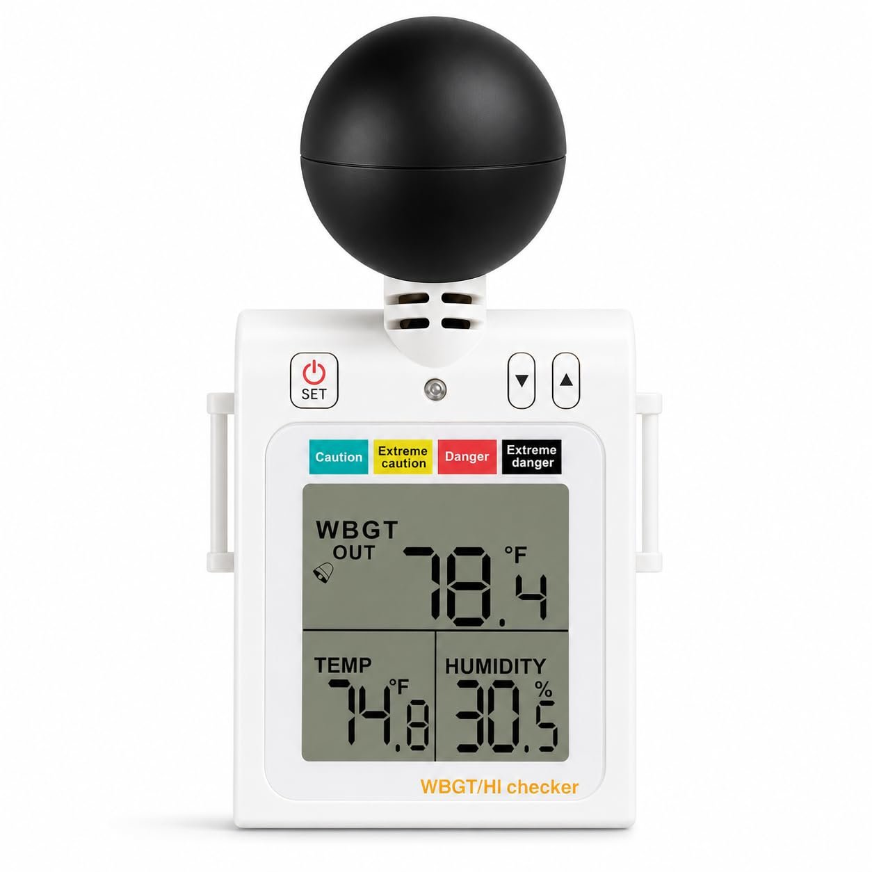 Wet Bulb Globe Thermometer 4 in 1 Heat Stress Meter, 32-122°F Wet Bulb Thermometer Measure WBGT, HI, Temperature, Humidity, Heat Index Monitor with 4-Level Buzzer & LED Alarm, Wearable Arm Strap