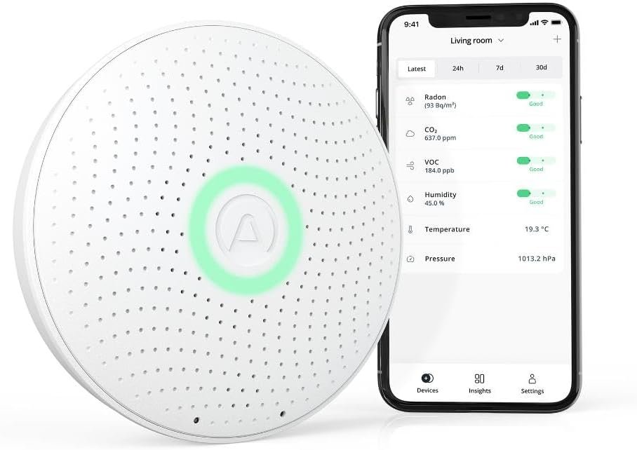 Airthings 2930 Wave Plus – Radon & Air Quality Monitor, Battery Powered (CO2, VOC, Humidity, Temp, Pressure)