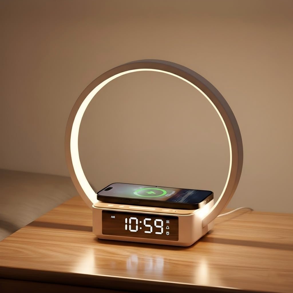 WILIT Bedside Lamp with Alarm Clock,Touch Lamp with Wireless Charger,Nightlight for Bedroom,Sunrise Wake-up Light,3-Grade Dimmable,Birthday Gifts for Her,Women,Men,Mom,Daughter,Girlfriend(Wood Grain)