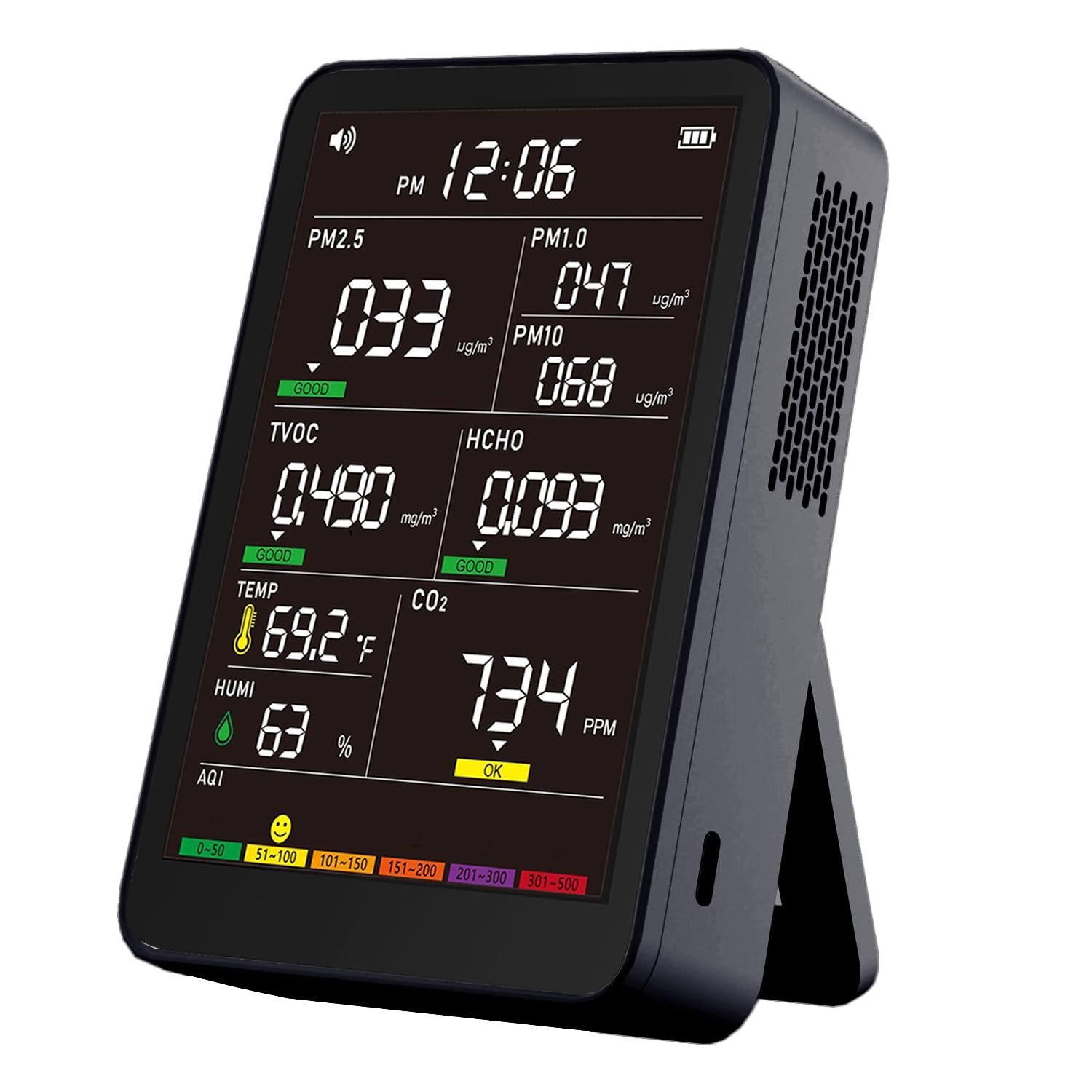 Professional Indoor Air Quality Monitor with AQI Alerts, Portable Real-Time Detector for Home, Car, Plants & Pets (Matte Black)