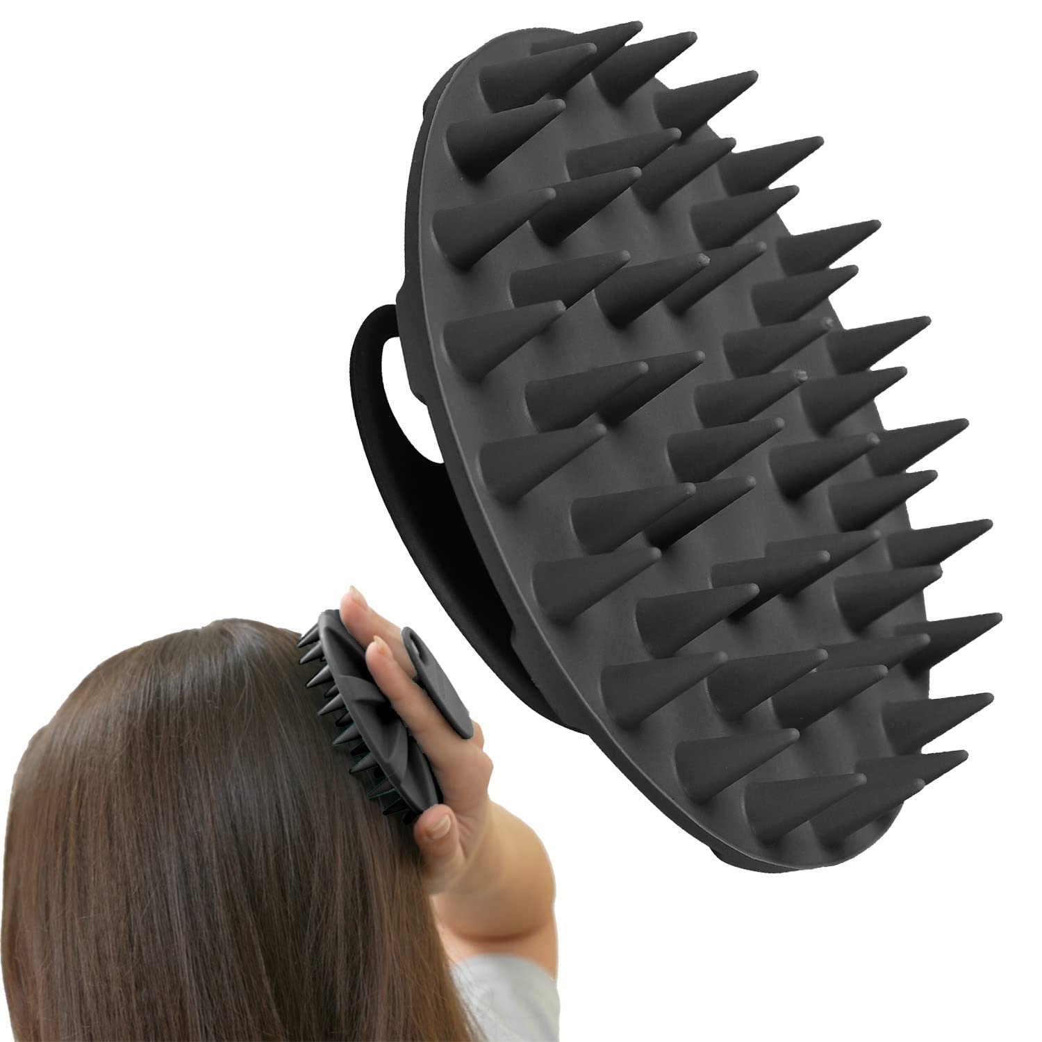 One-piece Silicone Scalp Massager Shampoo Brush Hair Wash Scrubber, Black | INNERNEED Soft Bristles Scrub Head Scratcher, Head Massage Stress Relax, Wet & Dry Use for Thick Thin Curly Hair Care