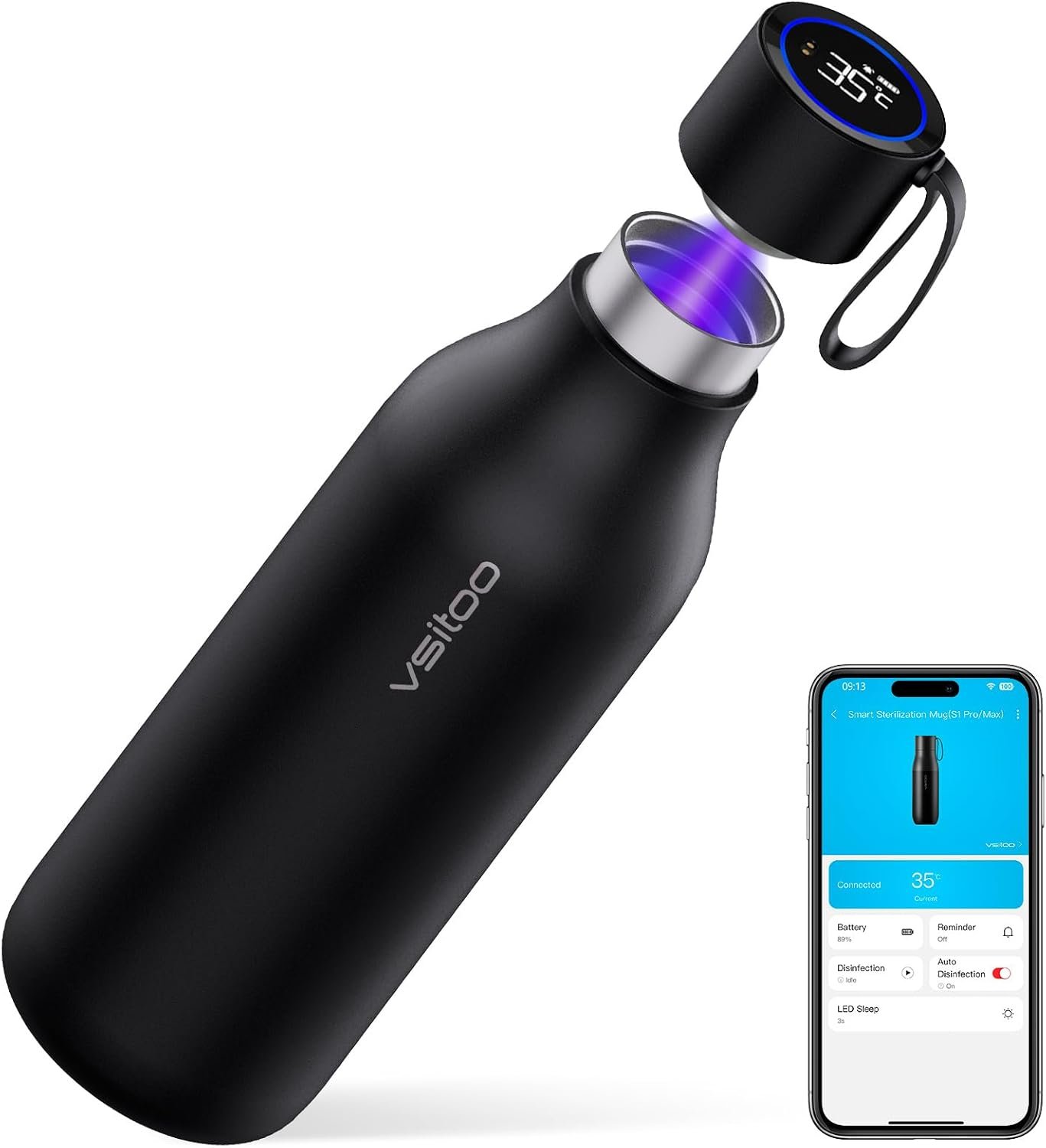 VSITOO S1 Max 33oz Self-Cleaning Insulated Water Bottle Large for Outdoor | Auto UV-C, 30-Day Battery, Magnetic, 304 Stainless Steel, IPX7, BPA-Free, Leak-Proof, Smart Display, Gift for Women Men