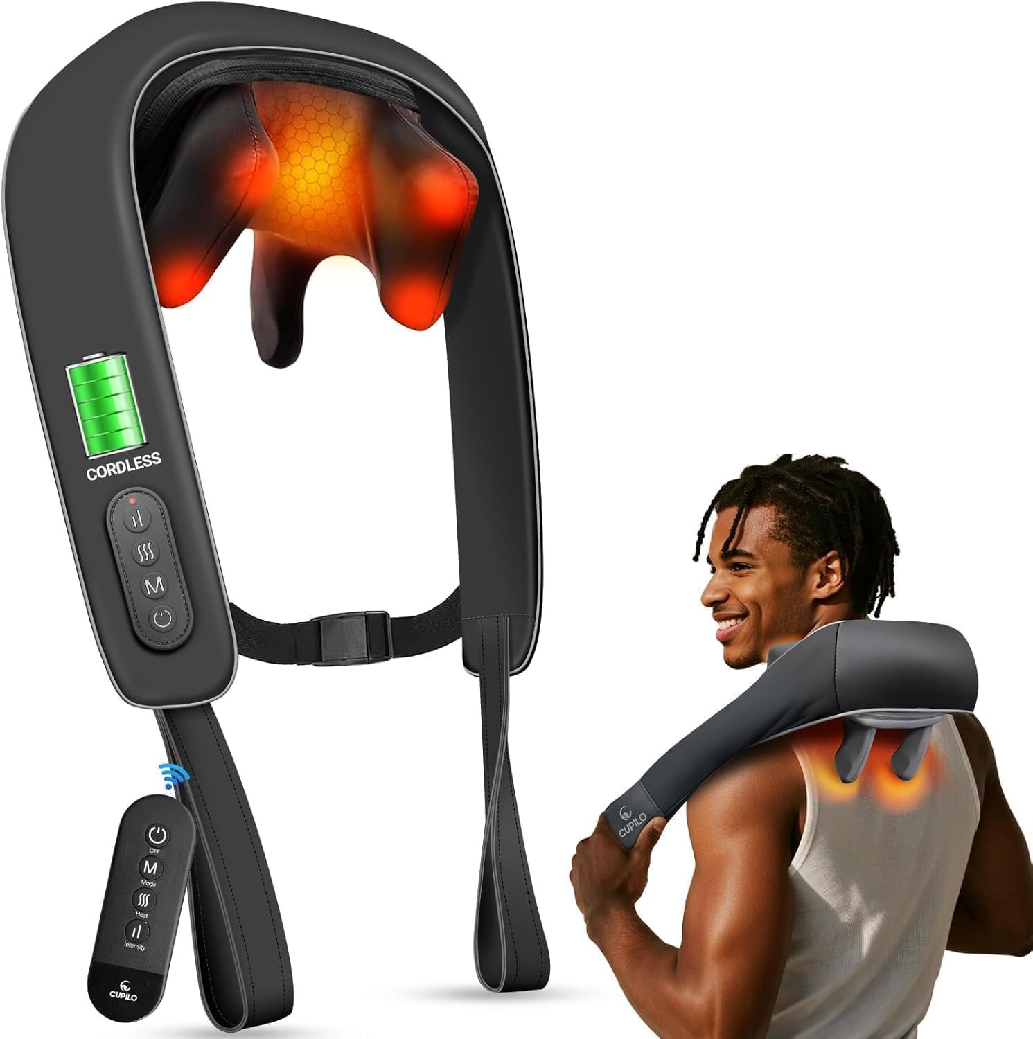CuPiLo Cordless Neck Massager with Heat & Remote Control, FSA Eligible HSA, 6D Deep Kneading Shiatsu Neck and Shoulder Massager for Pain Relief Deep Tissue, Birthday Gifts for Women Men