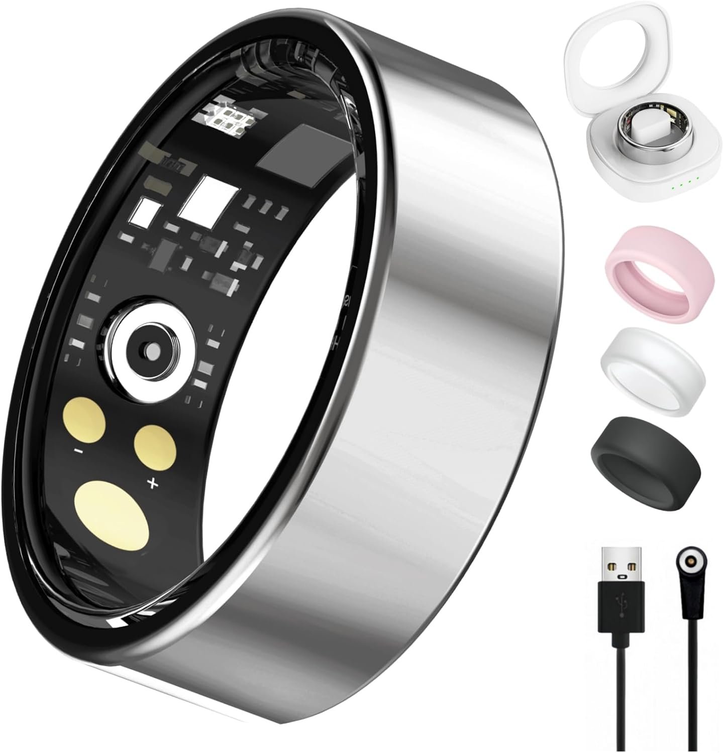 Smart Ring for Women Men, Health Tracker with Heart Rate/Blood Oxygen/Blood Pressure/Sleep Monitor/Step Counting, IP68 Waterproof Fitness Ring, No App Fees for iOS & Android (Silver, 10#)
