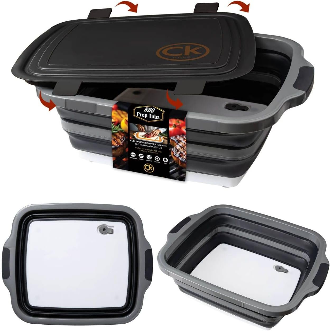 Collapsible BBQ Prep Tub – Includes Cutting Board, LOCKING Lid & Strong Drain Hole for Meal Prep & Marinating | BPA-Free, Food-Grade BBQ & Meat Prep Tubs, Best Grilling Gifts (Black, 8 L)