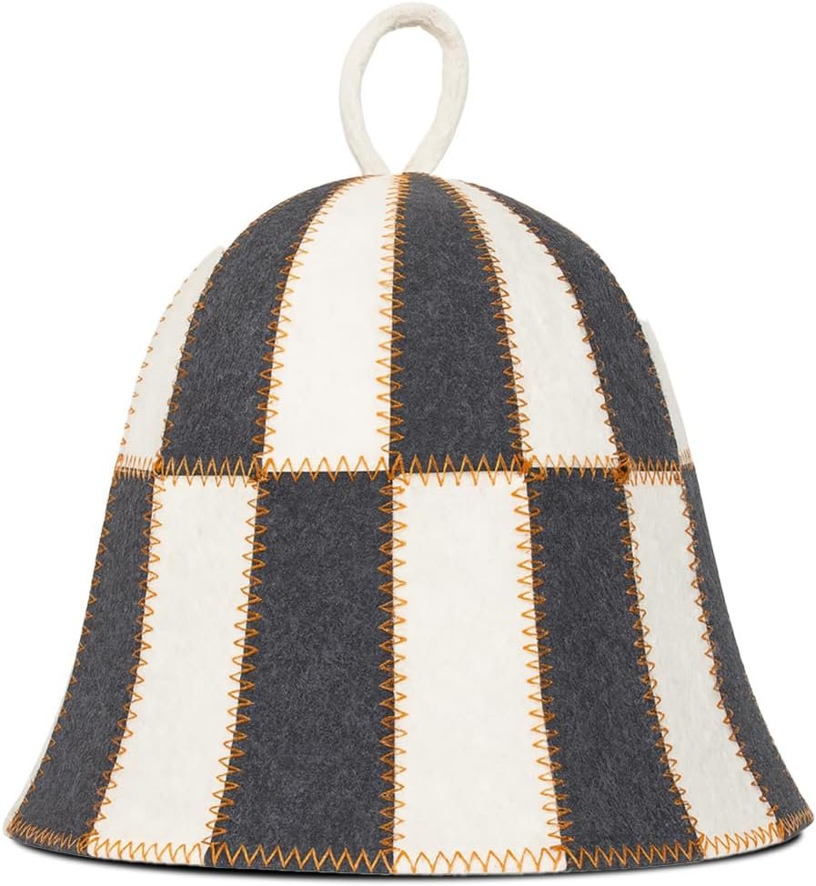 ASKOLD Wool Sauna Hat Checkered – Wool Banya Hat Sauna Cap for Men – Sauna Cap for Women to Protect Hair Grey and White