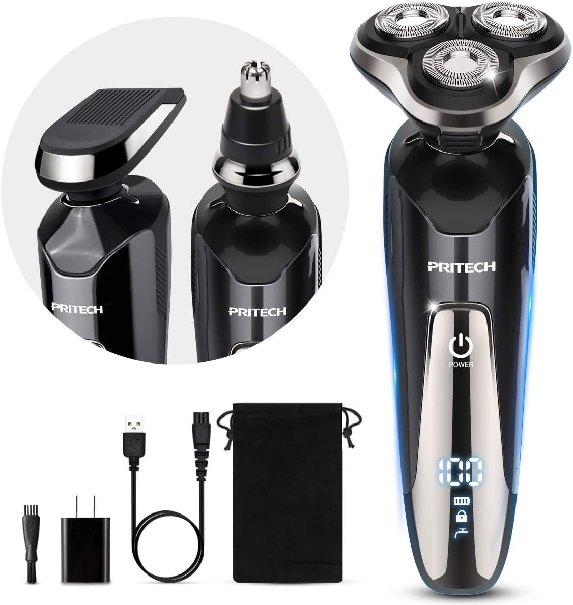 PRITECH Electric Razor for Men Rotary Electric Shavers for Men | with Nose & Sideburn trimmers, Wet & Dry Use, Travel Lock, LED Display, IPX6 Waterproof, USB Fast Charging, Gift for Men