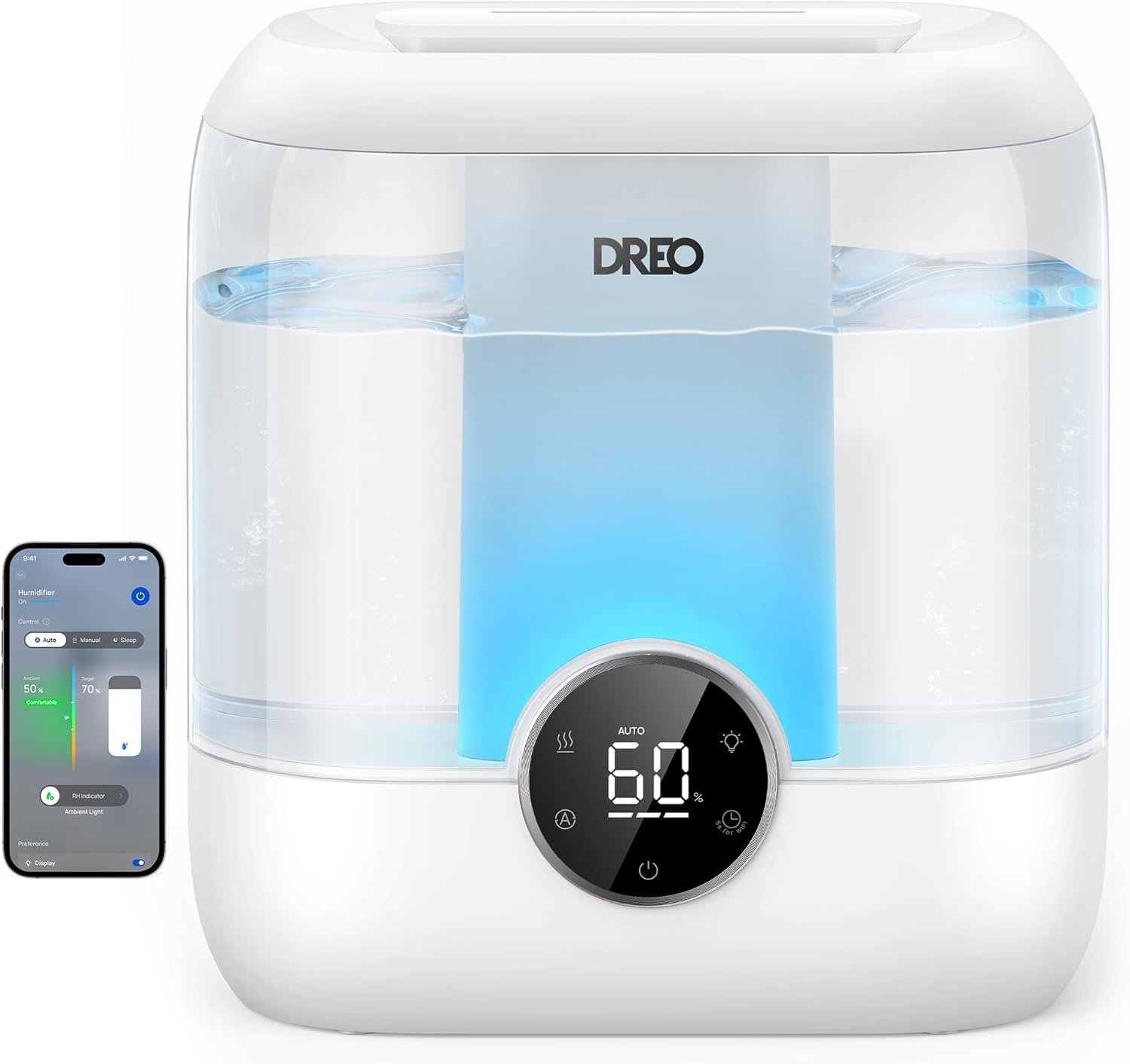 DREO Smart Humidifiers for Bedroom, 6L Top Fill Supersized Cool Mist Humidifier for Large Room, 60 Hour Runtime, Quiet Ultrasonic Humidifiers for Plants, Indoor, Home, Night Light, White