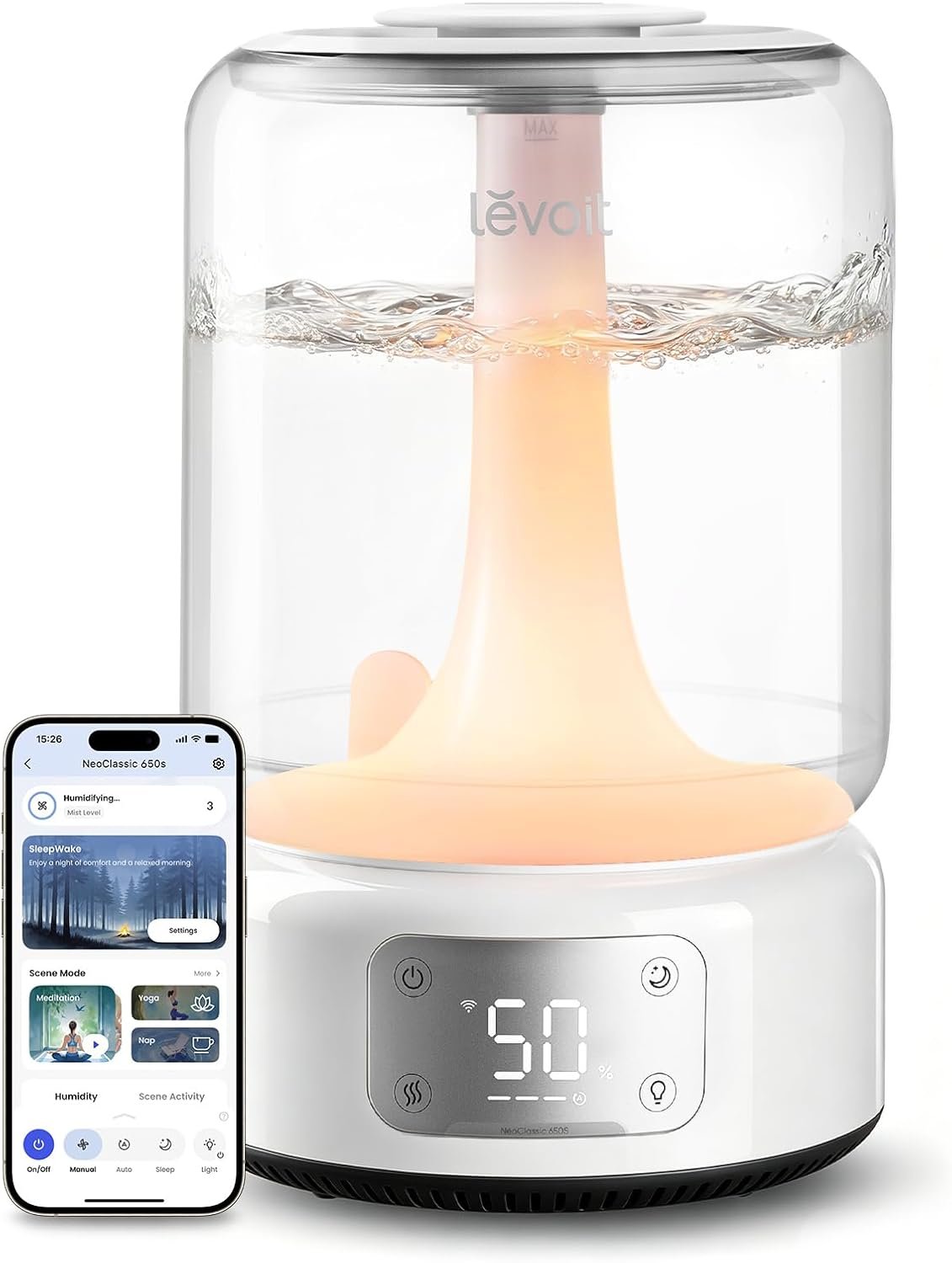 LEVOIT Humidifiers for Bedroom Large Room Home, 6.2L Dishwasher Safe, Cool Mist Humidifier for Baby & Plants, Top Fill Easy to Clean, Quiet 26dB, Smart App, Essential Oil Diffuser, NeoClassic 650S