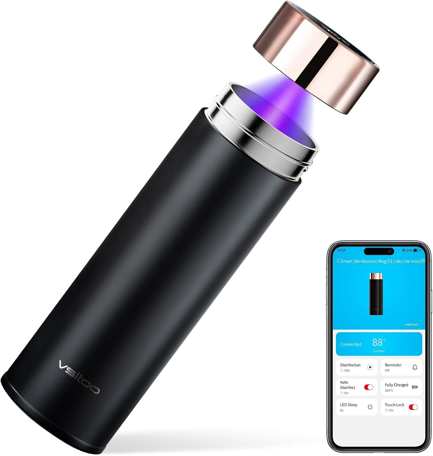 Vsitoo S1 Lite 15oz AI Self-Cleaning Insulated Mini Water Bottle for Purse | Auto UV-C, 30-Day Battery, Magnetic, 304 Stainless Steel, IPX7, BPA-Free, Leak-Proof, Smart Display, Gift for Women Men
