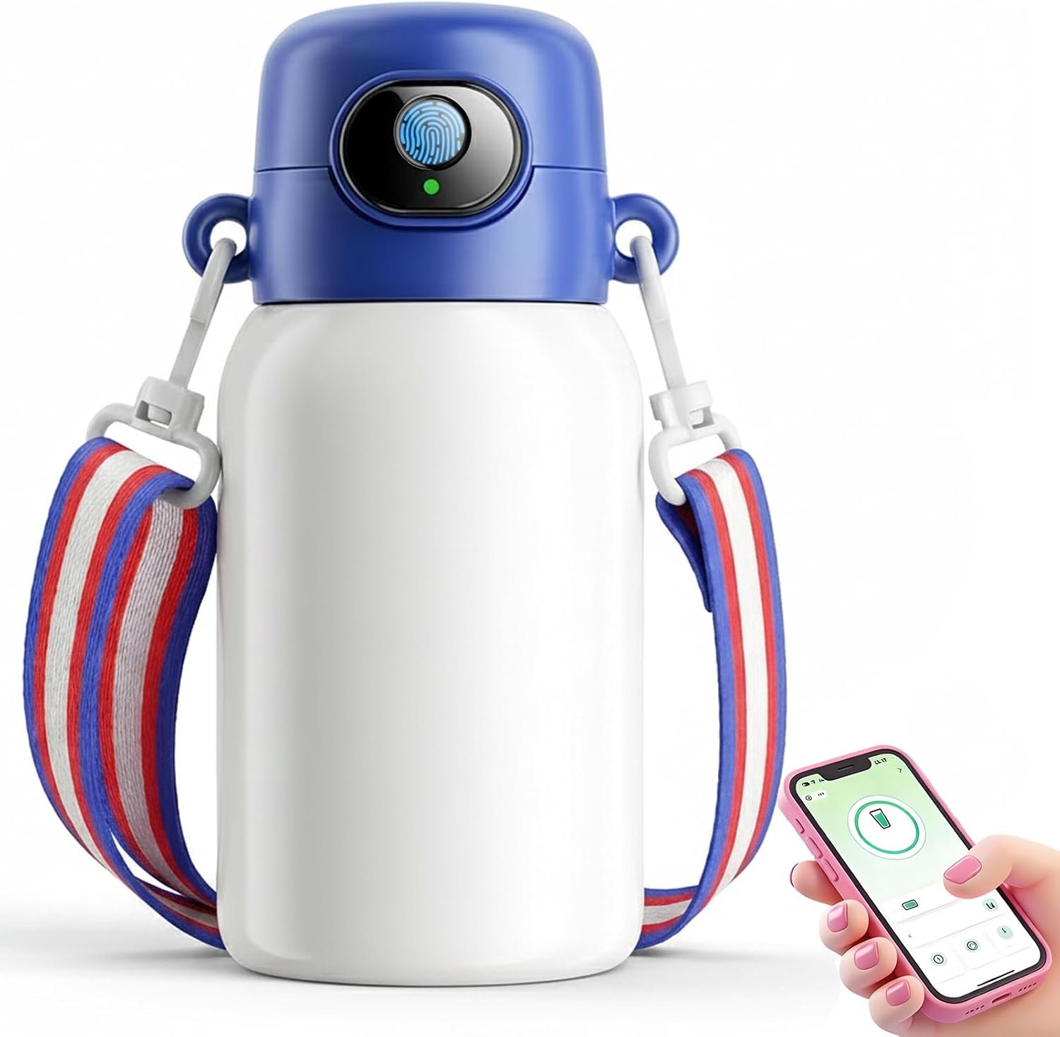 Smart Water Bottle with Tracker, 550ml Fingerprint Unlock Insulated Water Bottle, IPX7 Stainless Steel Vacuum with Straw and Strap for School, Office