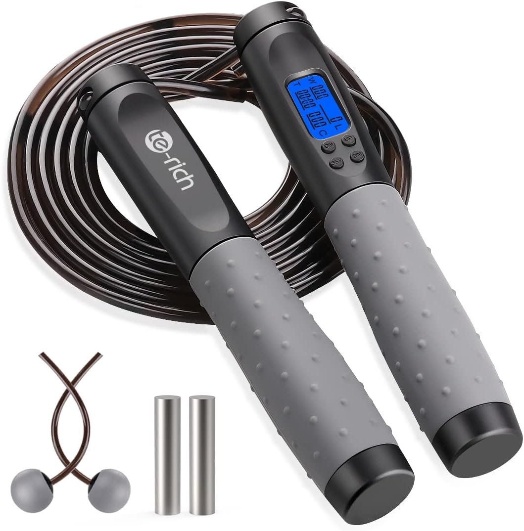 Jump Rope, Weighted Jump Rope for Fitness, Skipping Rope with Counter – Heavy Handles, Adjustable Length – Cordless Jumping Rope for Men Women Kids Fitness Exercise Training