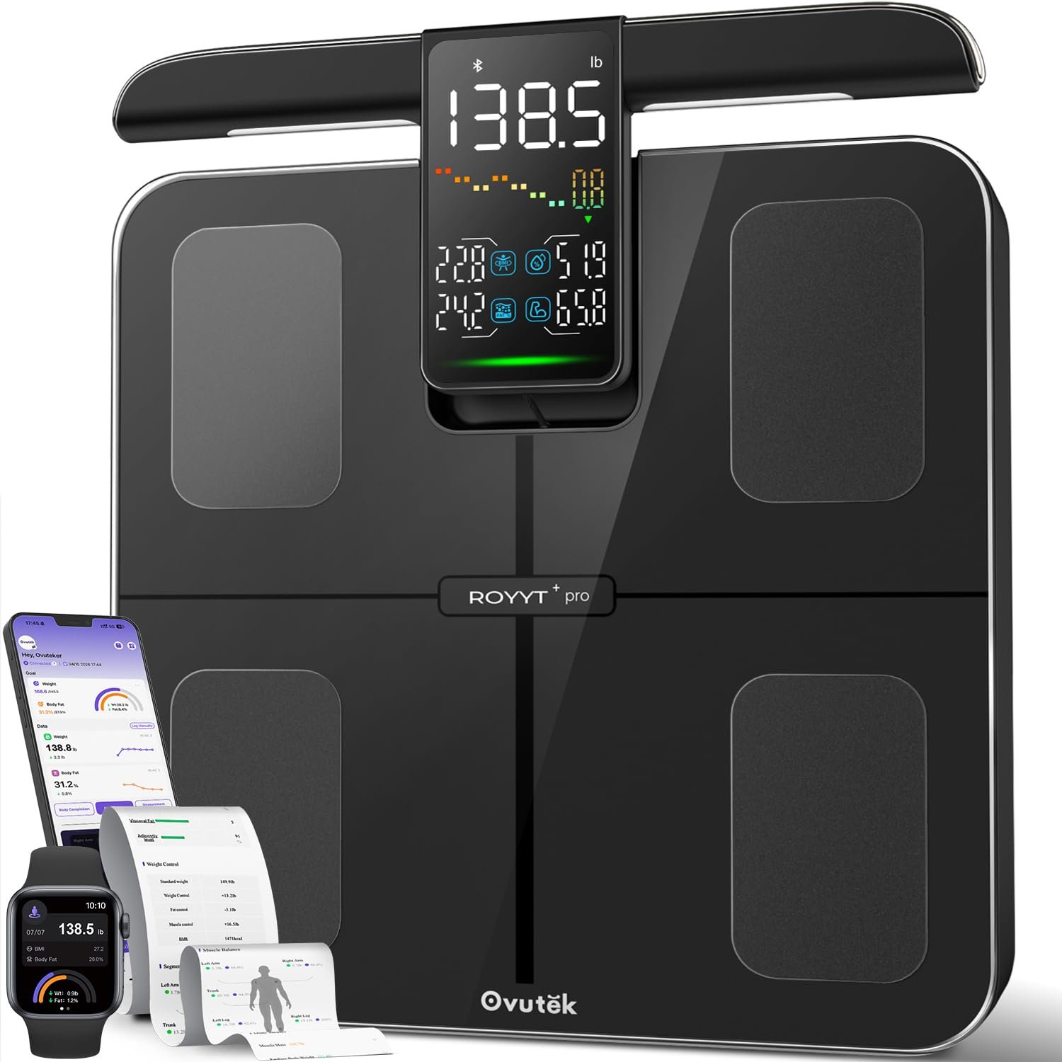 Ovutek Smart Scale for Body Weight: 8-Electrode 57 Measurements Professional Body Composition Analyzer – 500lb Accurate Bathroom Digital Weight Scale with BMI, Body Fat, Muscle Mass 5.3″ Color Display