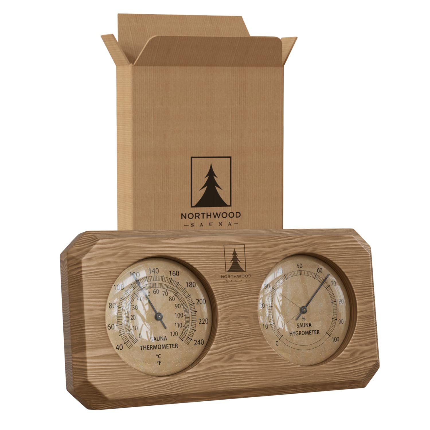 Northwood Sauna – Sauna Thermometer and Hygrometer 2 in 1 – Fahrenheit & Celsius – Handmade from Canadian Red Cedar Wood – Luxurious Golden Metal Dials