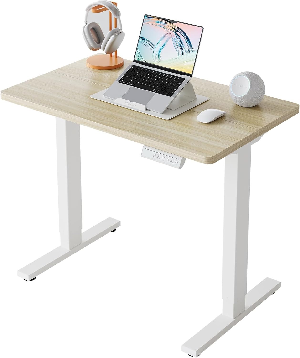 HUANUO 32″ Small Electric Standing Desk Adjustable Height, 4 Memory Height Settings, Sit Stand Up Desk for Home Office & Computer Workstation, LightWalnut