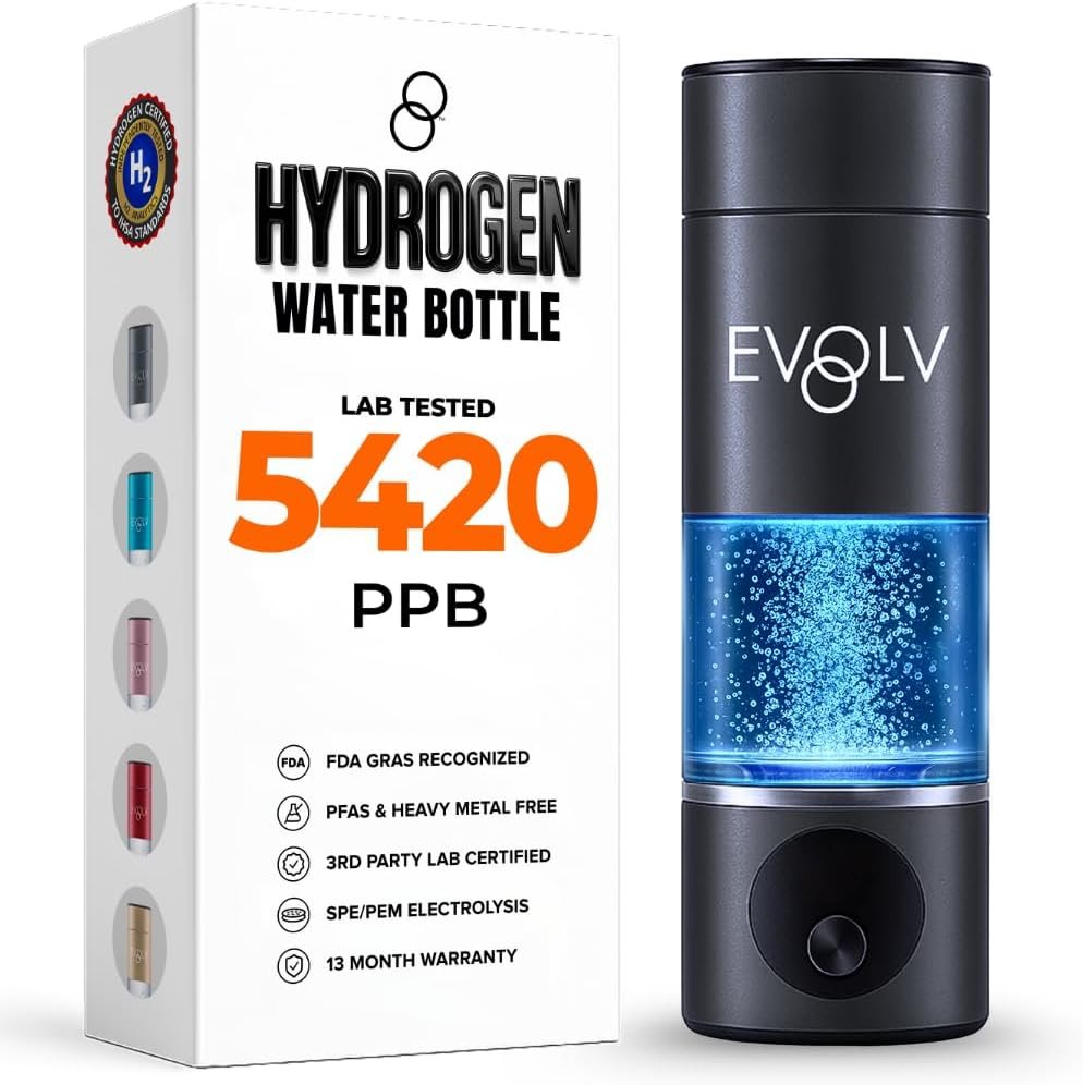 EVOLV Hydrogen Water Bottle Generator – SPE & PEM Water Ionizer 5PPM, Highest Concentrated Dose – 8oz Hydrogenated Water Bottle for Improved Energy & Inflammation Support – Convenient & Easy to Use