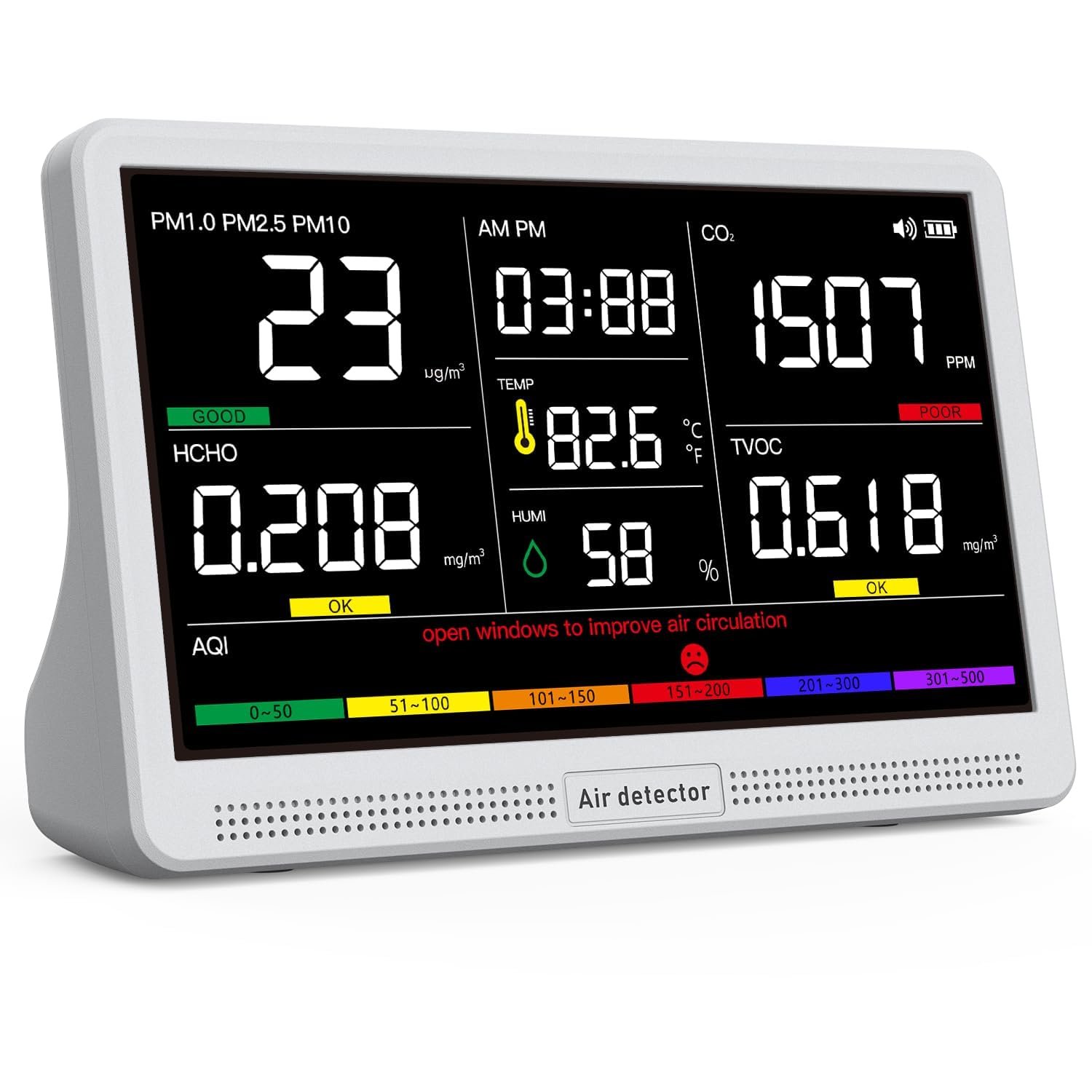 16 in 1 Air Quality Monitor Indoor 7″ Large Display 9 AQI+7 Alerts, CO2 Monitor Air Quality Tester for CO2, TVOC, PM2.5 PM1.0 PM10, HCHO Temperature Humidity AQI & Time Air Quality Meter for Home