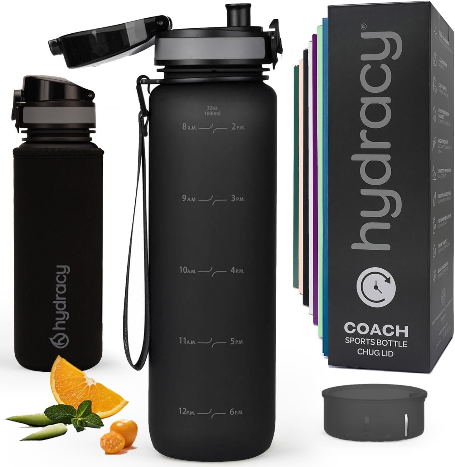 Hydracy Water Bottle with Time Marker – Large 32oz BPA Free & No Sweat Sleeve – Leak Proof Gym Bottle with Fruit Infuser Strainer & Times to Drink – Ideal for Fitness Sports & Outdoors