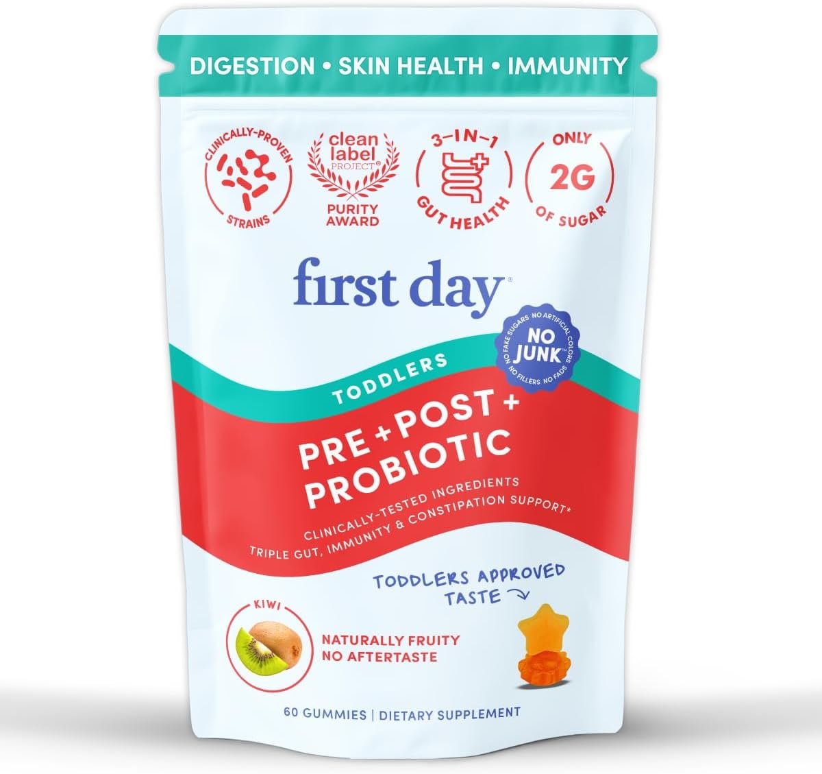 FIRST DAY Toddler Probiotic Gummies (Ages 2-3) | 3-in-1 Pre + Pro + Postbiotic | with Livaux® Prebiotic | 3rd Party Tested | Digestive & Immune Support | No Artificial Colors | Kiwi Flavor | 60 Count