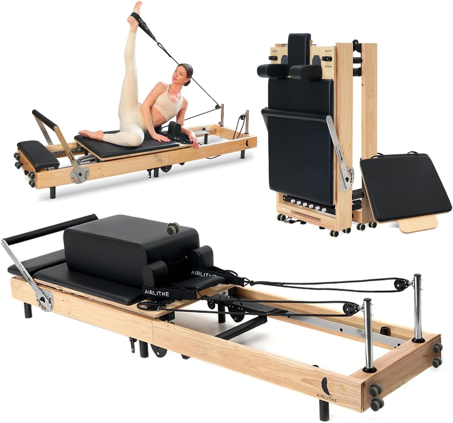 Airlithe Foldable Pilates Reformer Machine for Home Workouts – Wooden Pilates Reformer Equipment with 360° Wheels, Reformer Box, Jump Board & Foot Board | 70+ Guided Workouts