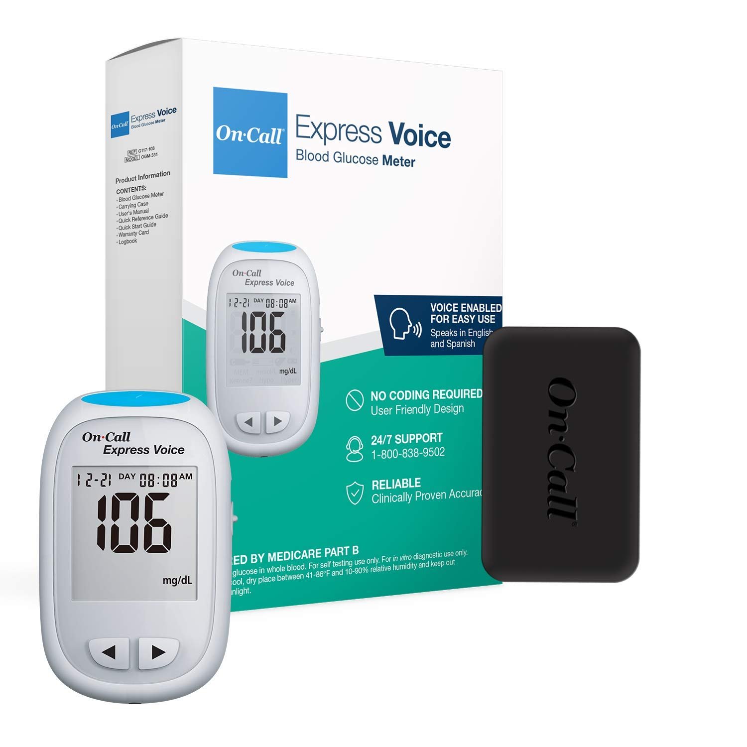 Blood Glucose Monitor Meter by On-Call Express Voice, Bilingual (English/Spanish) Guidance, 300 Test Storage, Large Display, Accurate Diabetic Blood Sugar Results in Seconds, Travel Case