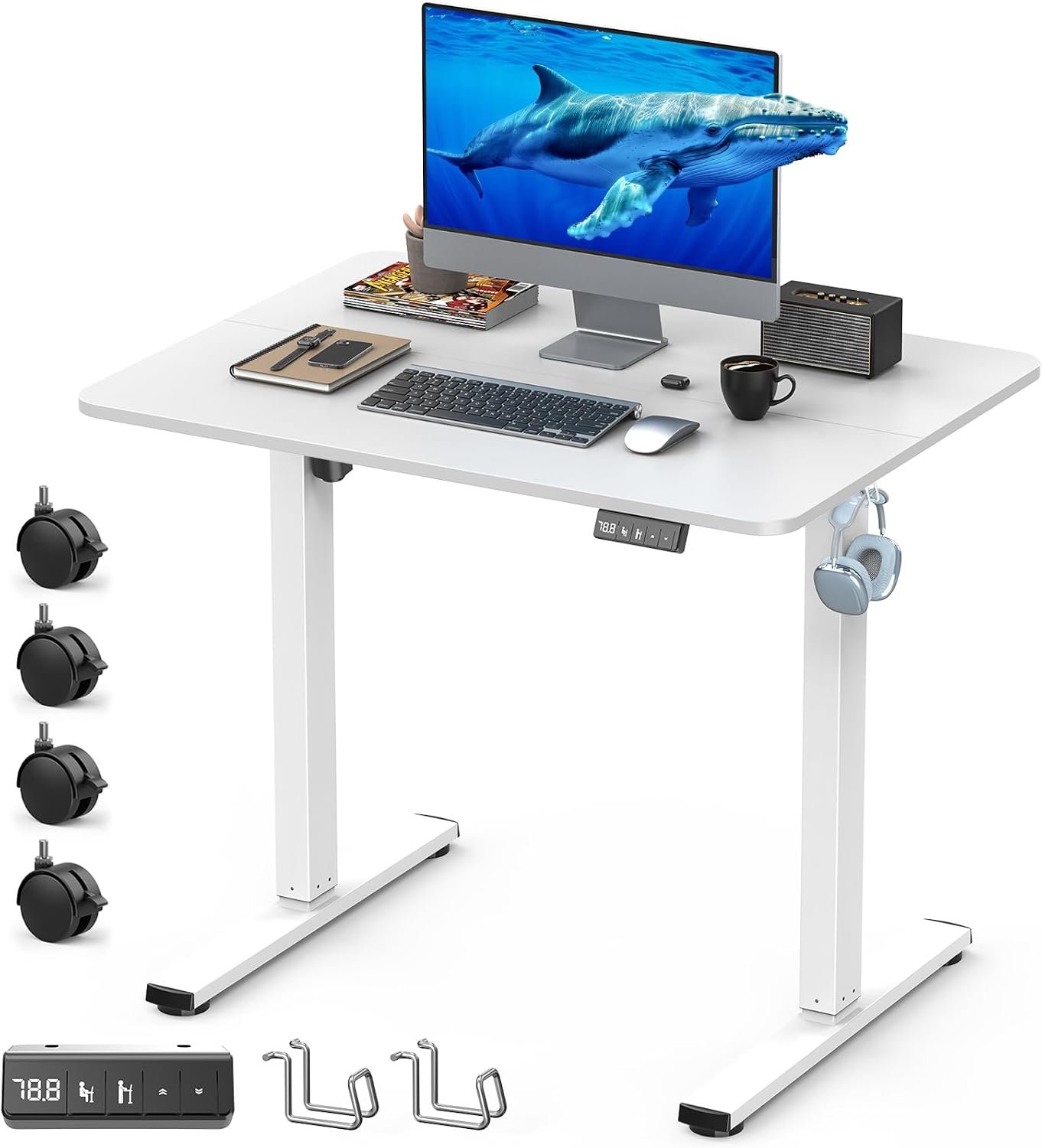 32″ Small Electric Rolling Standing Desk Adjustable Height, Mobile Sit Stand up Desk with Lockable Casters for Home Office & Computer Workstation, Splice Board, 2 Hooks, White Frame/White Top