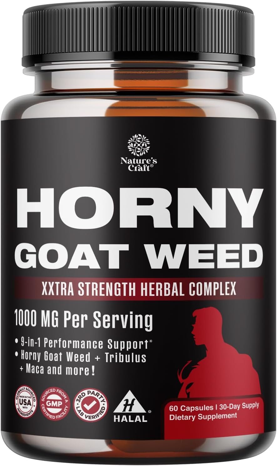 Horny Goat Weed for Men – Extra Strength Male Supplement with Black Maca Root, Tongkat Ali, Saw Palmetto & Panax Ginseng Extract for Stamina & Energy – 60 Count