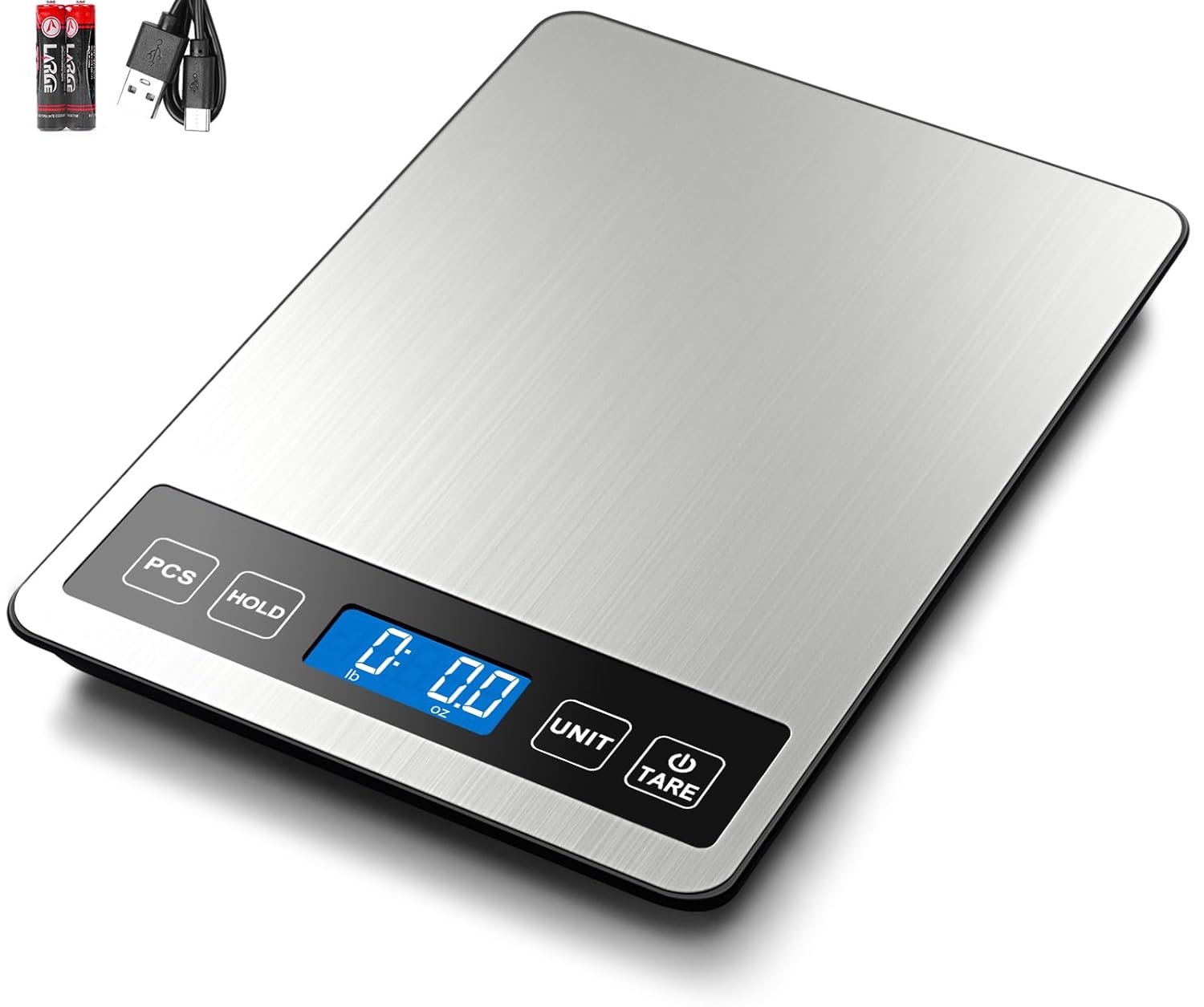 Fuzion Food Scale, 22lb/0.1oz Digital Kitchen Scale – 7 Units, Tare & PCS | Rechargeable Power, Tempered Glass & Stainless Steel – Digital Food Scale Grams and Ounces for Weight Loss, Baking, Cooking