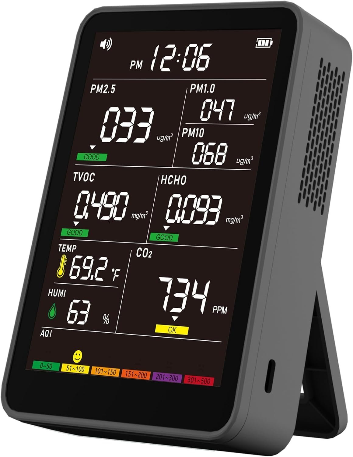 Professional Indoor Air Quality Monitor with AQI Alerts, Portable Real-Time Detector for Home, Car, Plants & Pet (Crystal Black)