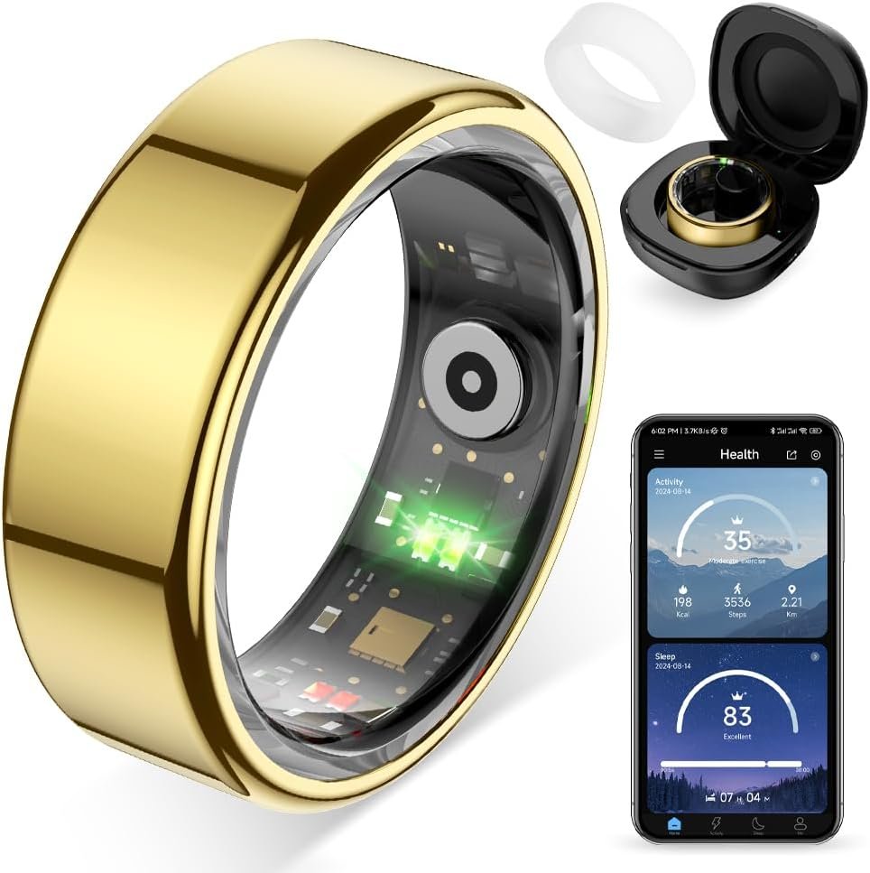 COLMI R02 Smart Ring, Smart Ring for Women and Men, No Subscription Fee, with a Charging Case, Supports Heart Rate, Blood Oxygen, Sleep Health Monitoring. (Gold, 8#)