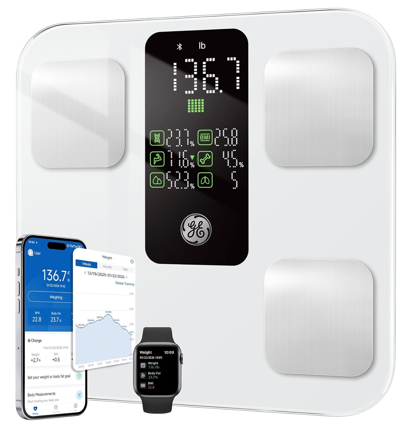GE Scale for Body Weight: Body Fat, BMI, Muscle Mass, Smart Bathroom Scales with 14 Body Composition Metrics with Large Display, Accurate Bluetooth Weighing Machine with Fitness App, 400 lbs, White
