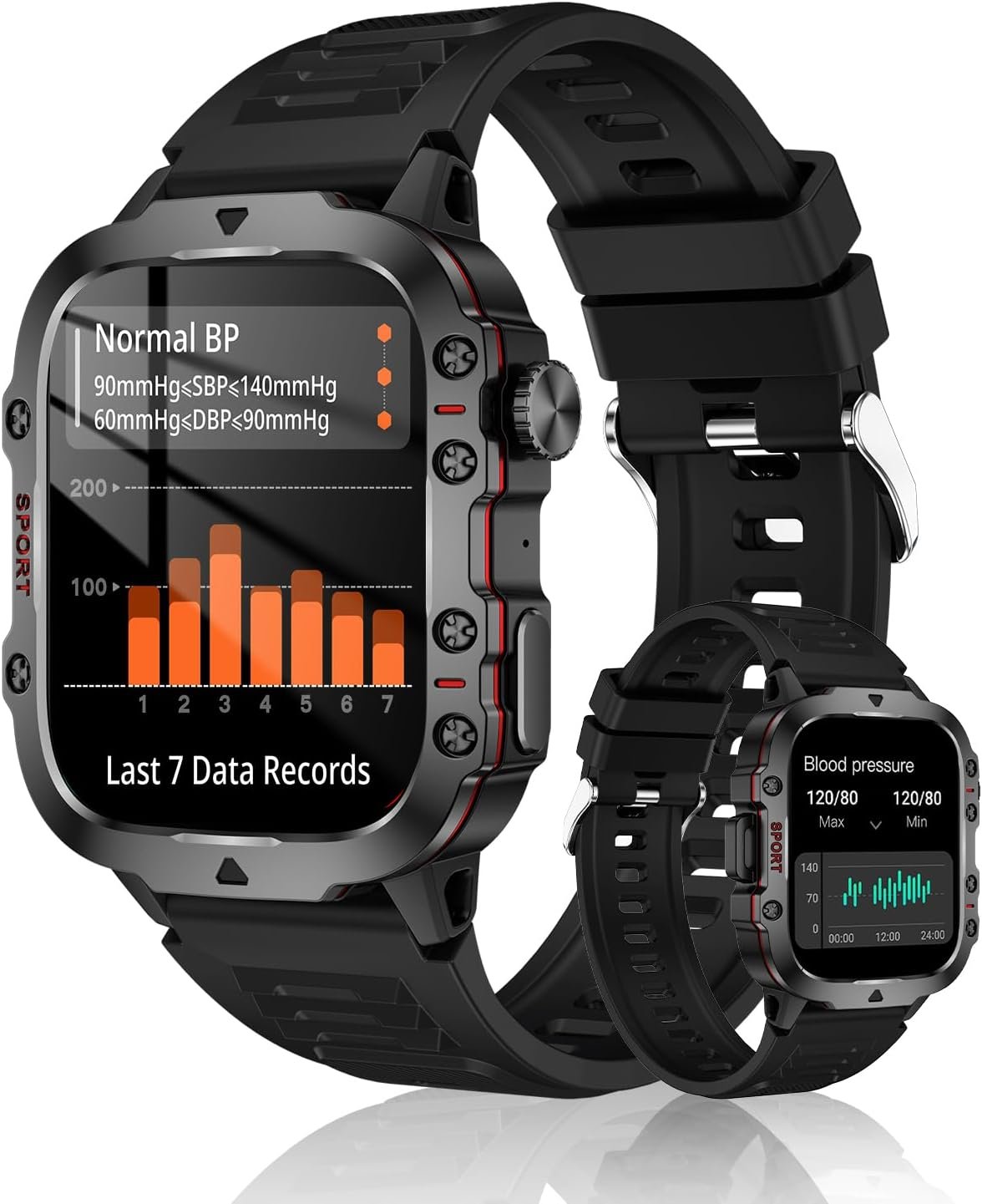 Blood Pressure Watch Men, IP68 Waterproof Blood Pressure Watch, 1.96″ High-Resolution Touch Screen Smart Fitness Tracker with 100+ Sport Modes Compatible with Android iOS, Black