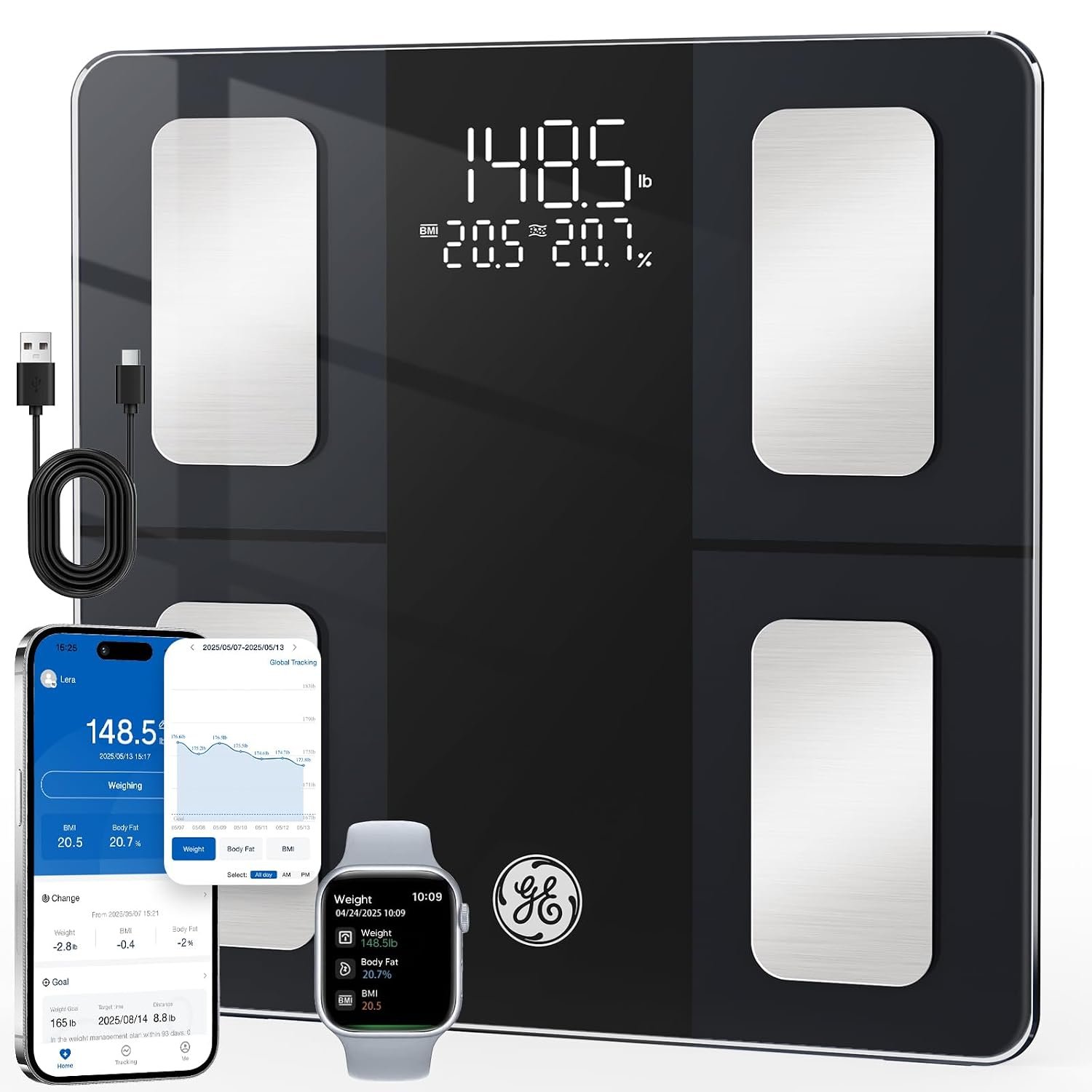 GE Smart Scale for Body Weight: BMI Body Fat Digital Bathroom Scales, 13 Body Composition Monitor Health Analyzer for Home Gym, Bluetooth App Sync, Accurate 400lb Weighing, Rechargeable-Black 11inch