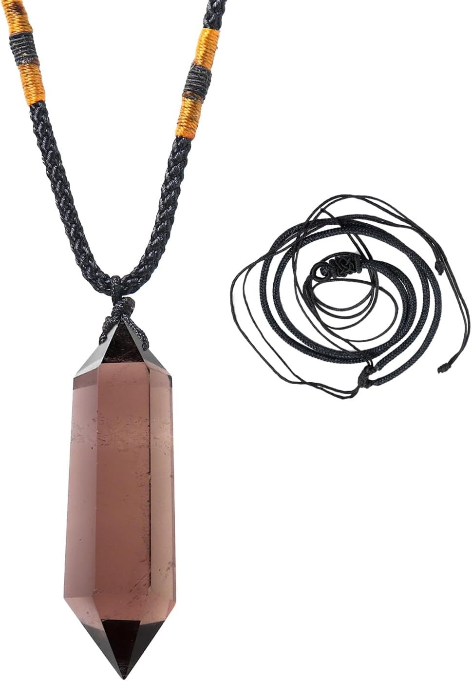 Runyangshi Smoky Quartz Healing Crystal Pendants, Double Pointed Natural Crystal Quartz Necklace 6 Faceted Chakra Crystal Wand Stone Reiki Meditation