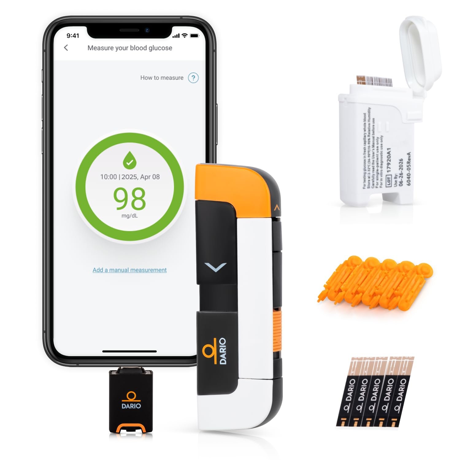 DARIO Smart Glucose Monitor Kit | USB-C Port (Compatible with Android & iPhone 15 and newer) | Test Blood Sugar Levels & Manage Diabetes, Testing Kit Includes: Glucometer with 25 Strips, 10 lancets