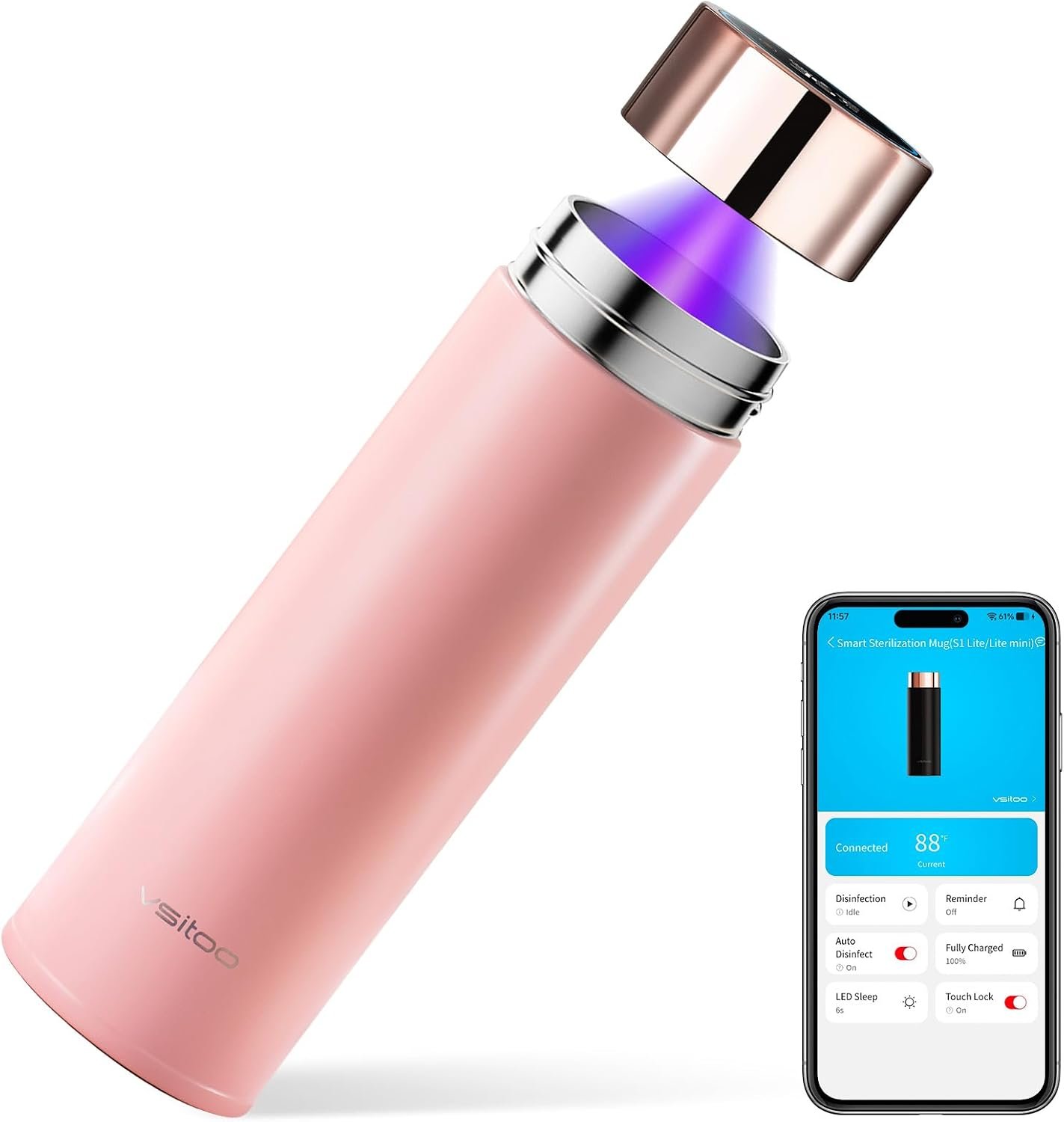 Vsitoo S1 Lite 15oz AI Self-Cleaning Insulated Mini Water Bottle for Purse | Auto UV-C, 30-Day Battery, Magnetic, 304 Stainless Steel, IPX7, BPA-Free, Leak-Proof, Smart Display, Gift for Women Men