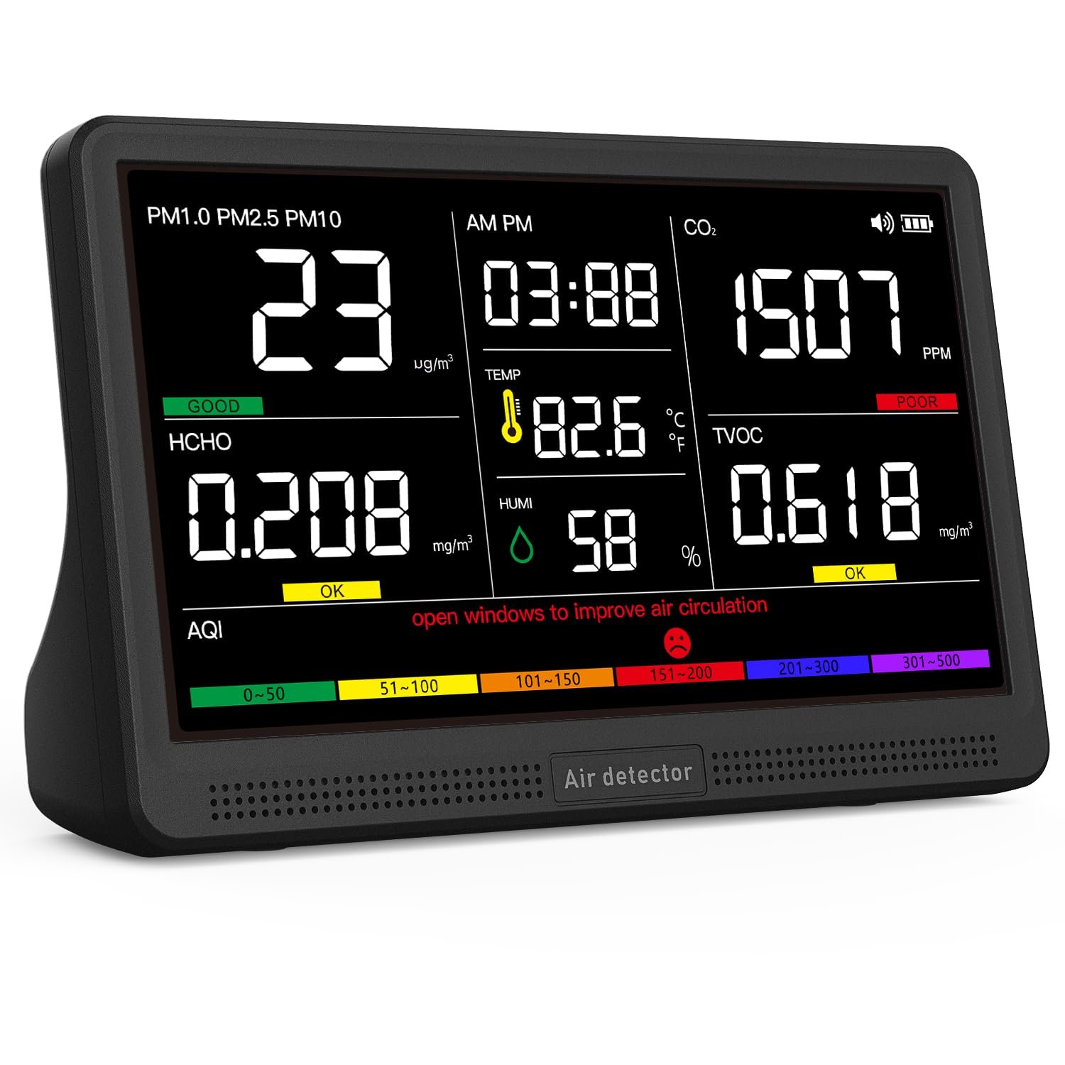 16 in 1 Air Quality Monitor Indoor 7″ Display 9 AQI+7 AQI Alerts, CO2 Monitor Air Quality Tester for CO2, TVOC, PM2.5 PM1.0 PM10, HCHO Temperature Humidity AQI & Time Air Quality Meter for Home