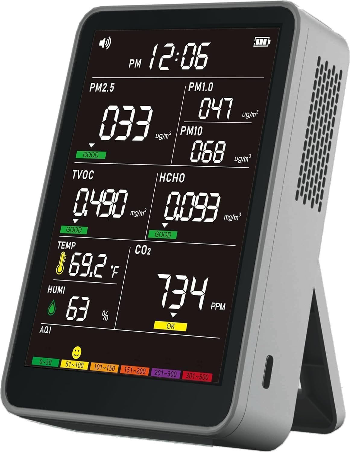 Professional Indoor Air Quality Monitor with AQI Alerts, Portable Real-Time Detector for Home, Car, Plants & Pet (Light Gray)