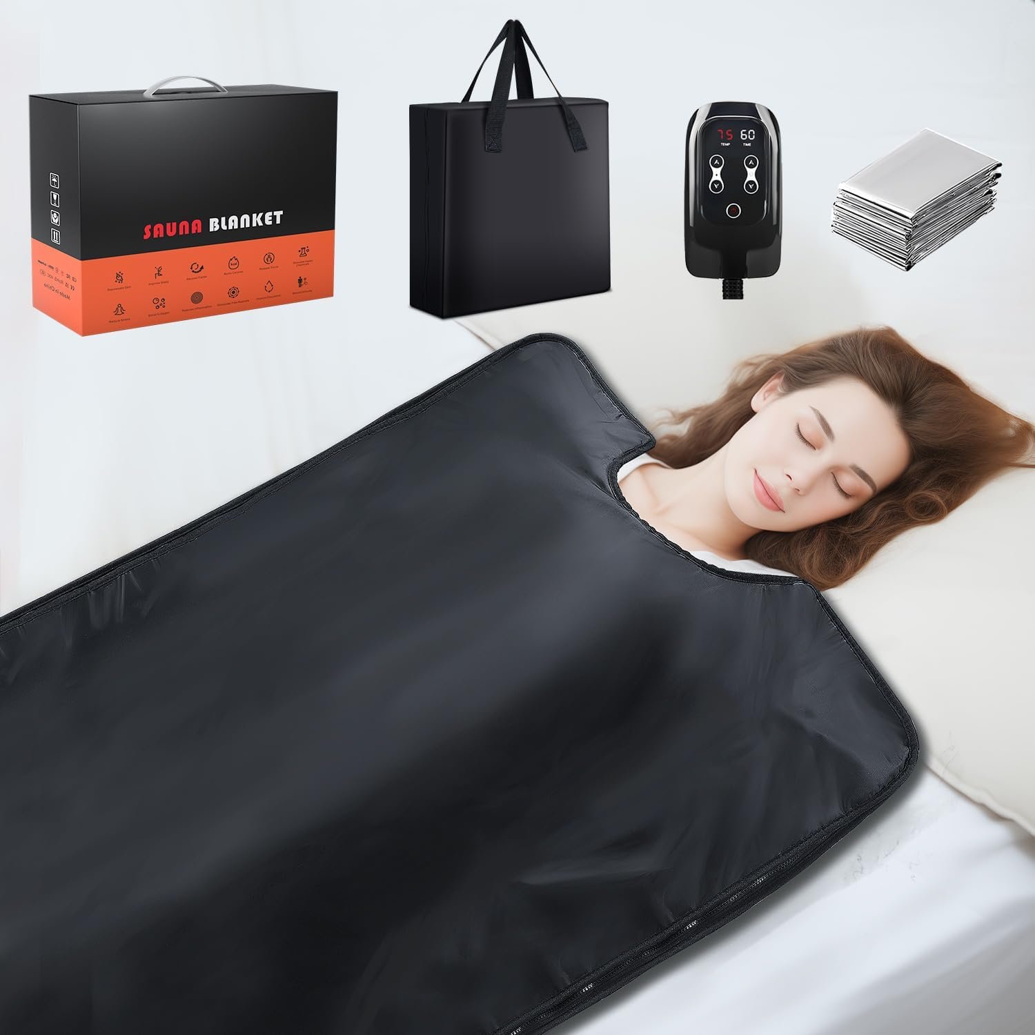 Infrared Sauna Blanket for Home, Low EMF Carbon Crystal Heating, Portable Dry Sauna Bag for Relaxation, Detoxification, 5.9ft×2.6ft, Sleeveless-Black