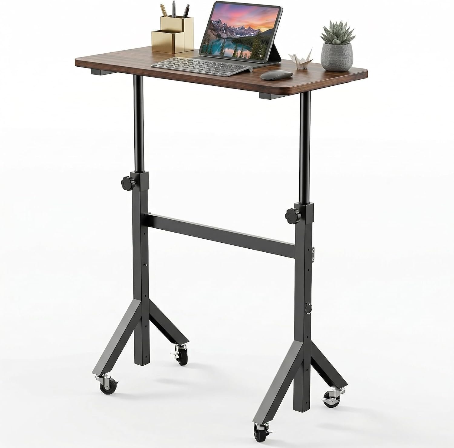 HUANUO 32” Small Standing Desk Adjustable Heigh, Mobile Stand Up Desk with Wheels, Portable Rolling Desks for Walking Pad and Treadmill, Computer Laptop Desks for Home Office Space